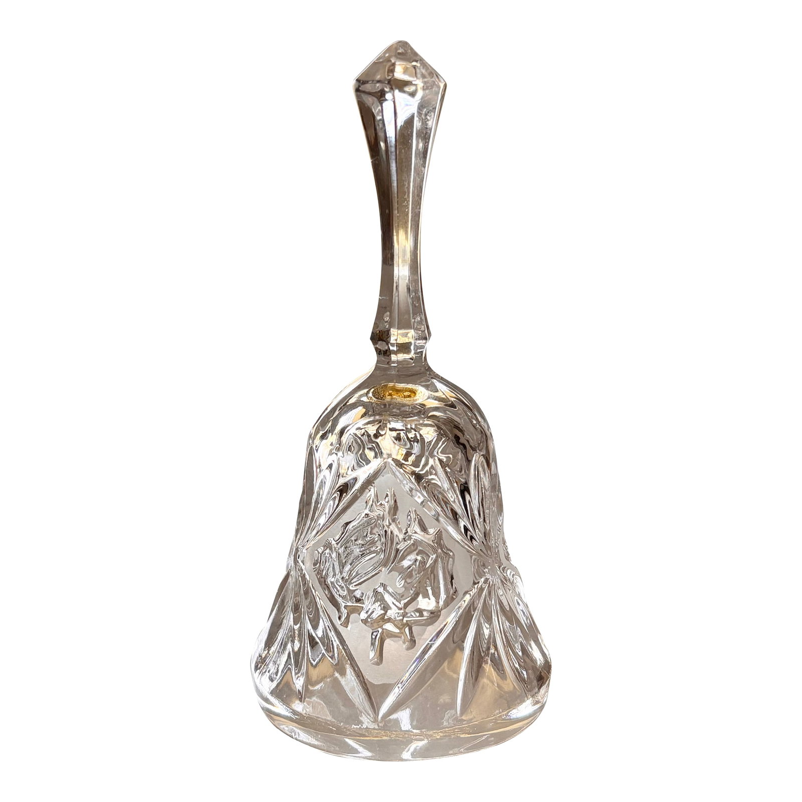 Mid 20th Century Crystal Dinner Hand Bell With Equestrian Horses and Star Design: Vintage Crystal Hand Dinner Bell with Equestrian Horses and Star Design. Circa mid 20th century. Twin horse heads adorn both sides. Leaded Crystal Handbell, Ideal for collectors or as a decorative