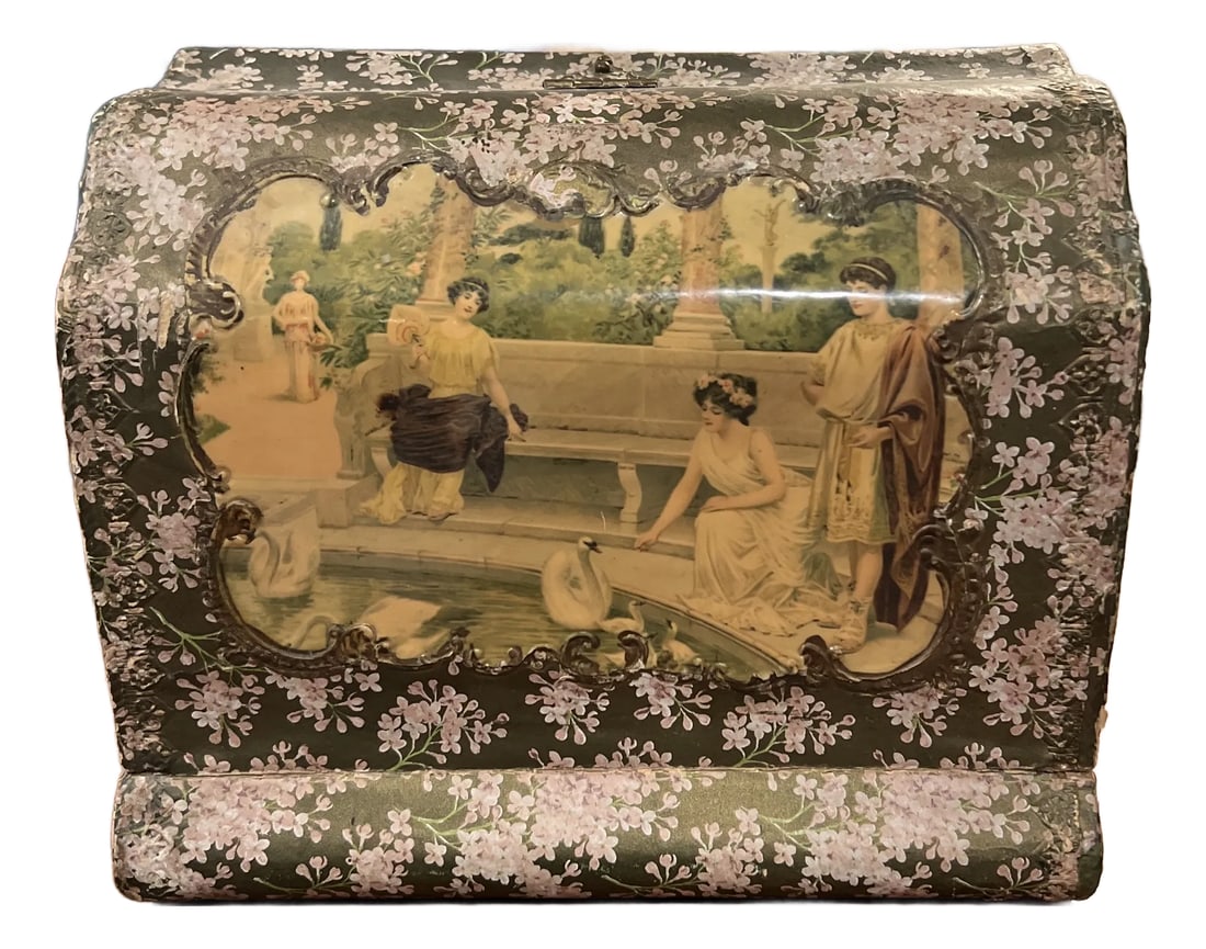 Antique Victorian Celluloid Dressing Table Box: This is a lovely and very old Victorian celluloid dressing table box from my collection. All of the paper and celluloid is intact, with a lovely patina. The inside was papered in a marbleized paper, a