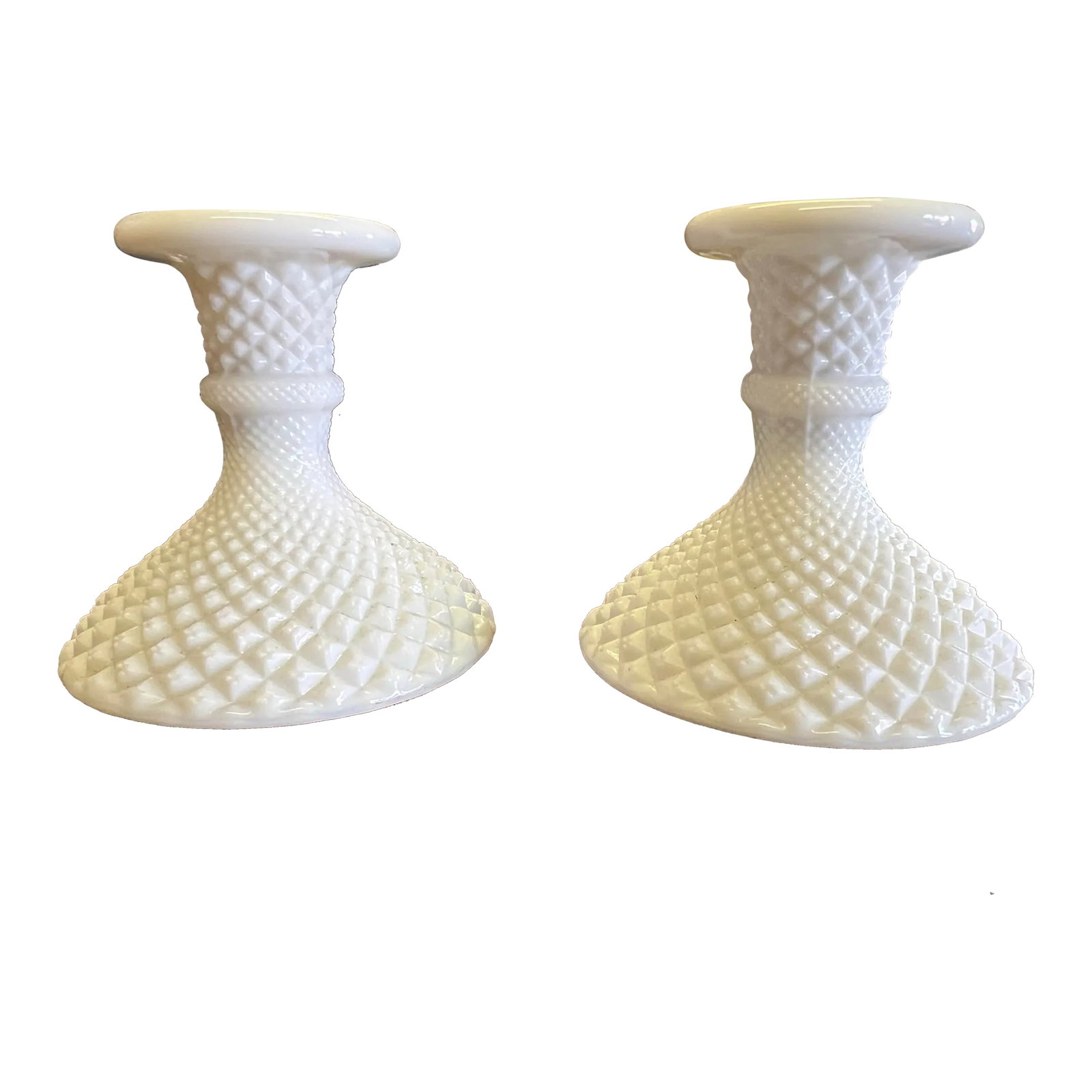 1960s Milk Glass Candlestick Holders- a Pair: 1960s Milk Glass Candle Holders. White English Hobnail diamond point design by Westmoreland Condition: Alterations: Original Condition Unaltered Imperfections: Some Imperfections Condition Notes: