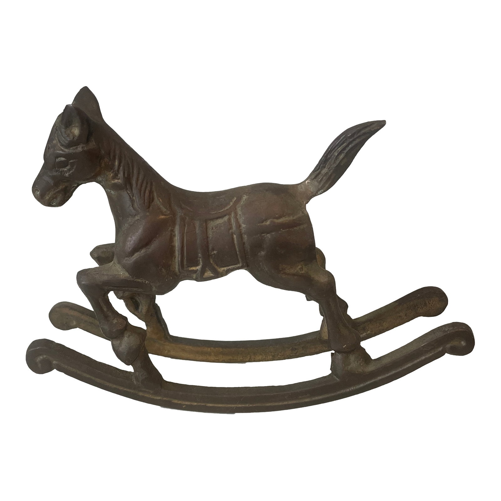 1980s Brass Rocking Horse: This vintage brass rocking horse features a detailed design with a dynamic pose and engraved saddle details. Its aged patina adds charm, making it a perfect decorative piece for collectors or rustic