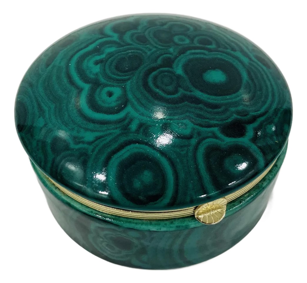 1990s Faux Malachite Ceramic Box: This ceramic box is decorated with a faux malachite design Excellent condition 3.5 diameter 1.75 height Condition: Alterations: Original Condition Unaltered Imperfections: Some Imperfections