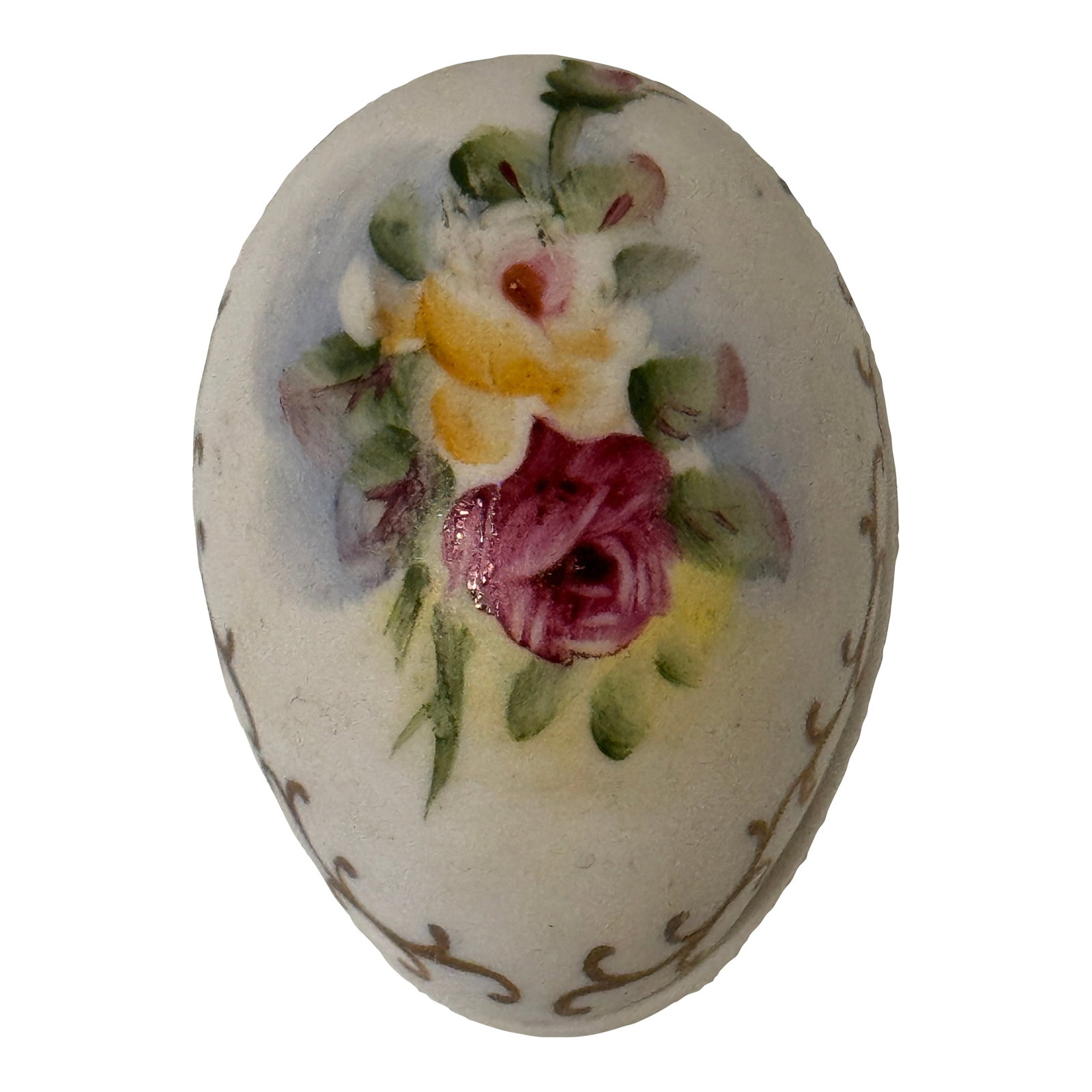 Porcelain Hand Painted Egg Trinket Box: Early 20th century, beautiful trinket box, handpainted with flowers and scrolling gold trim. No trademarks. No cracks or chips. Excellent vintage condition. Approx. 1.25" wide X 2" Long X 1.5" High. C