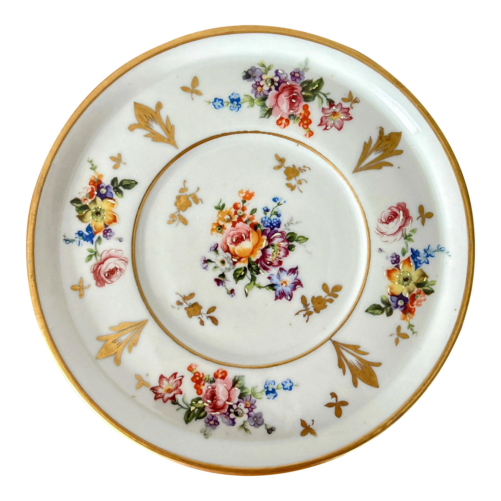 Vintage Pate De Limoges Plate - Couleuvre France - Rose & Floral Hand Painted With Gold Accents: This small mid-century plate is an example of later work from the Limoges region. This piece was likely made sometime between 1950 - 1970. It features a floral/rose bouquet design with hand painted de