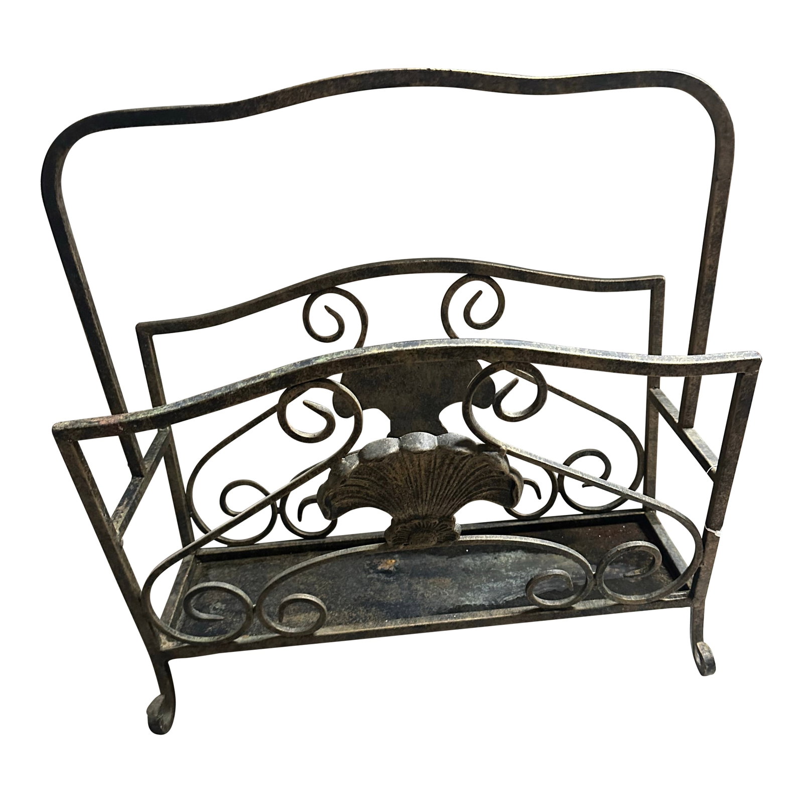 Vintage Metal Magazine/Record Rack With Handle: This is a unique metal magazine/record rack. It has a handle and a fleur-de-lis pattern. It can be used for magazines, newspapers, or records. It has a unique Hollywood style decor. Condition:
