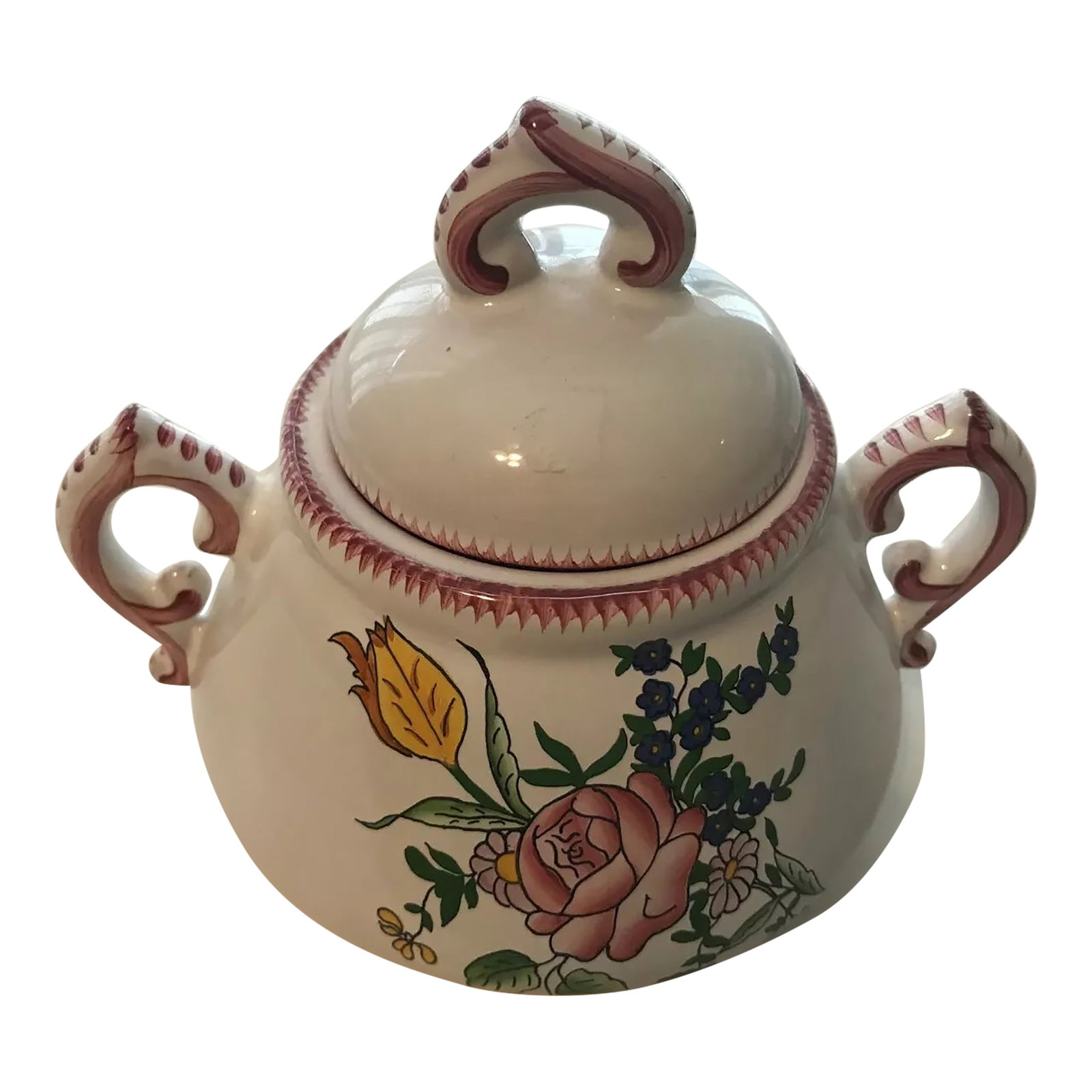 Late 20th Century French Hand Painted Earthenware Tureen Signed by Artist Roullet Renoleau: A very nice French faience earthenware tureen with its lid made by the artist Roullet Renoleau (4th generation of artist). He studied at the famous Faience School in Limoges (France). This piece of