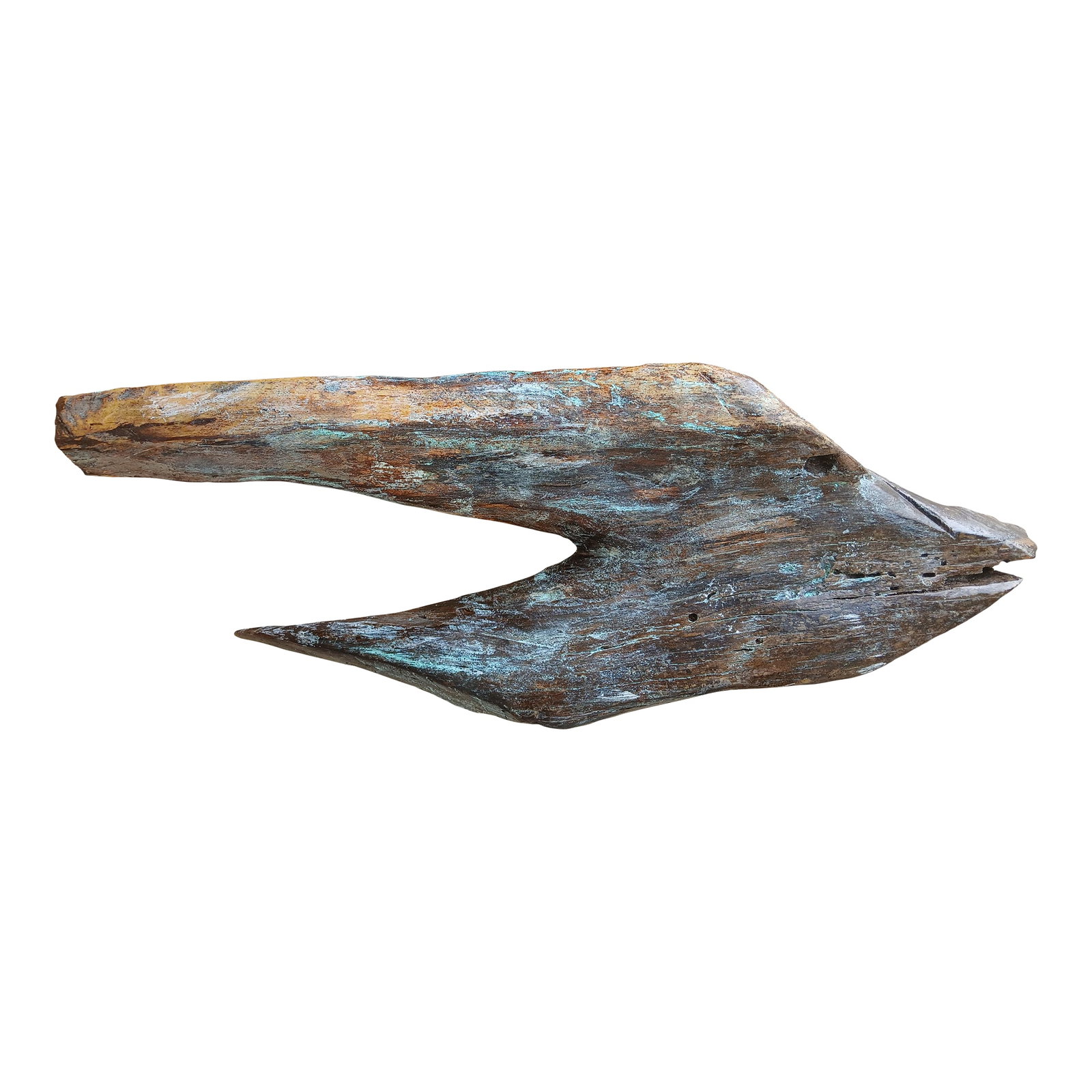 Vintage Old Driftwood Painted Folk Art Fish Wall Hanging: Acquired from an old Florida closed restaurant. Driftwood abstract folk art fish wall hanging, still with remnants of faded blue and white paint on it. Very interesting, great Coastal decor.