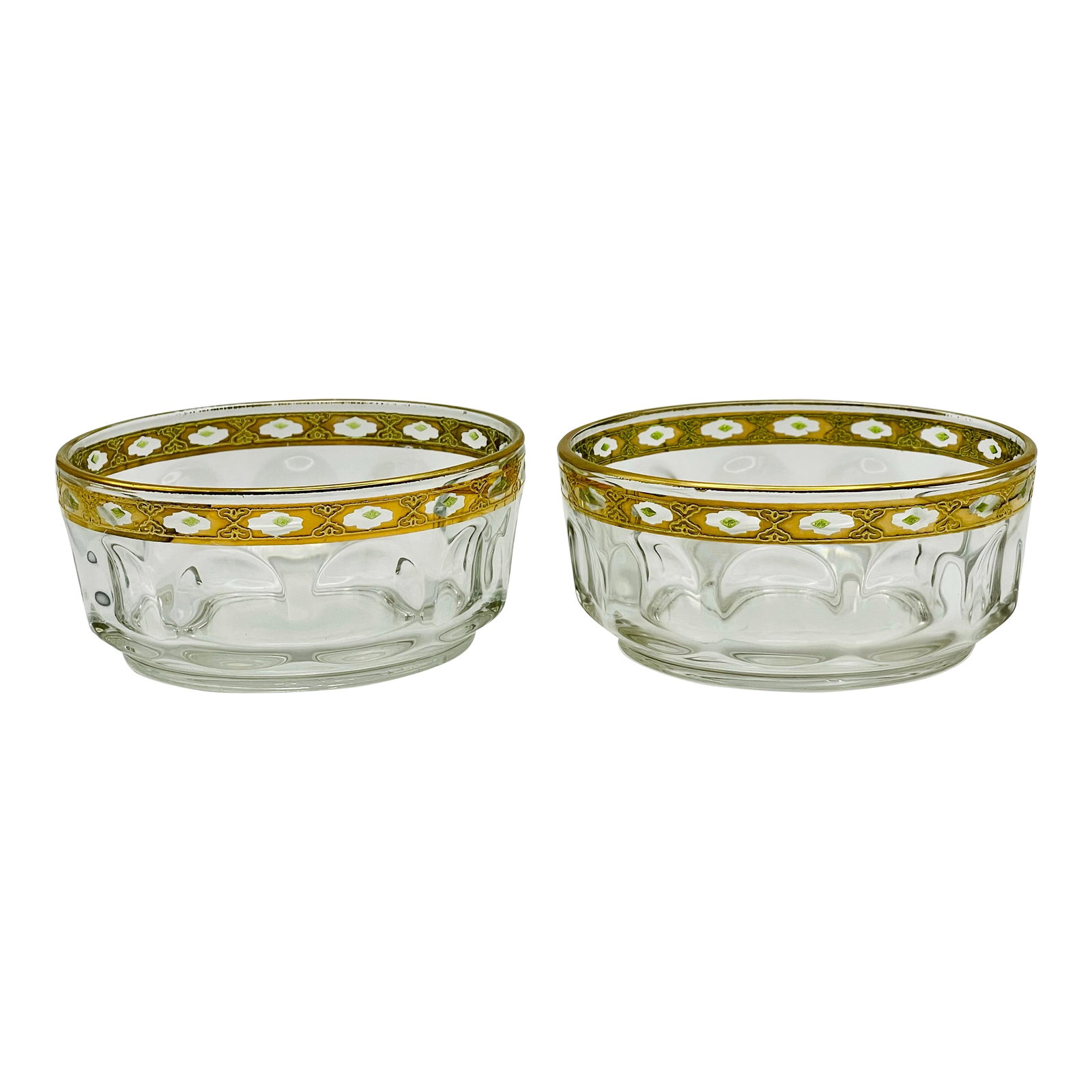 1960's Culver "Valencia" Snack Bowls- A Pair: A pair of chic "modern" gold trimmed beveled glass bowls with peridot green diamonds set in clear arabesques & scrollwork flourishes between. Ships within 1-2 days using USPS. Arrives within 2-5