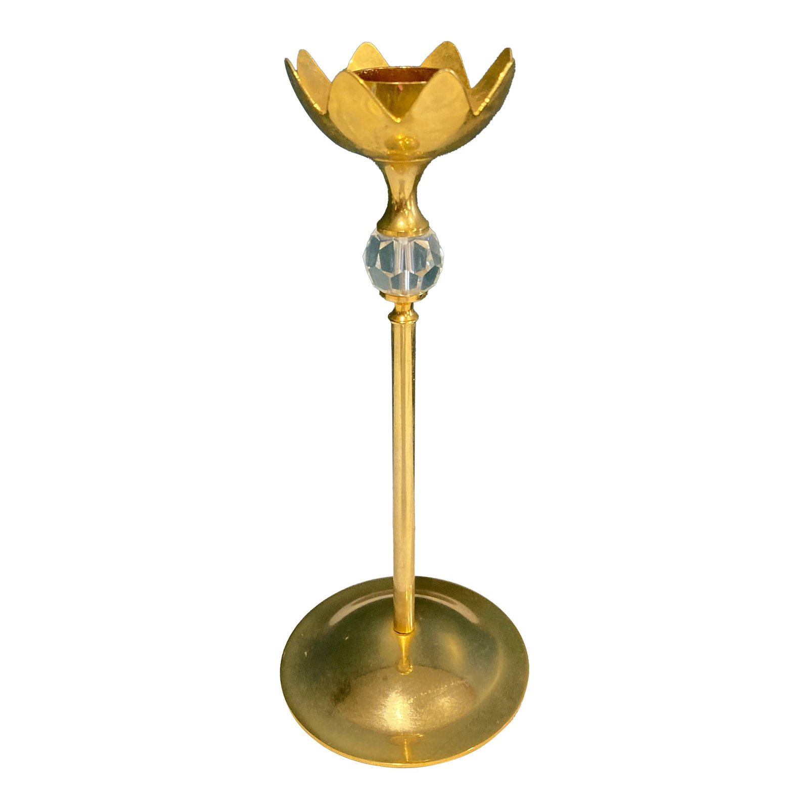 Vintage Brass Tulip Shaped Candle Holder With Crystal Accent: This delicate vintage brass candle holder features a tulip-style cup and a faceted glass crystal accent that adds a touch of sparkle. The slender form and simple elegance make it a lovely addition to
