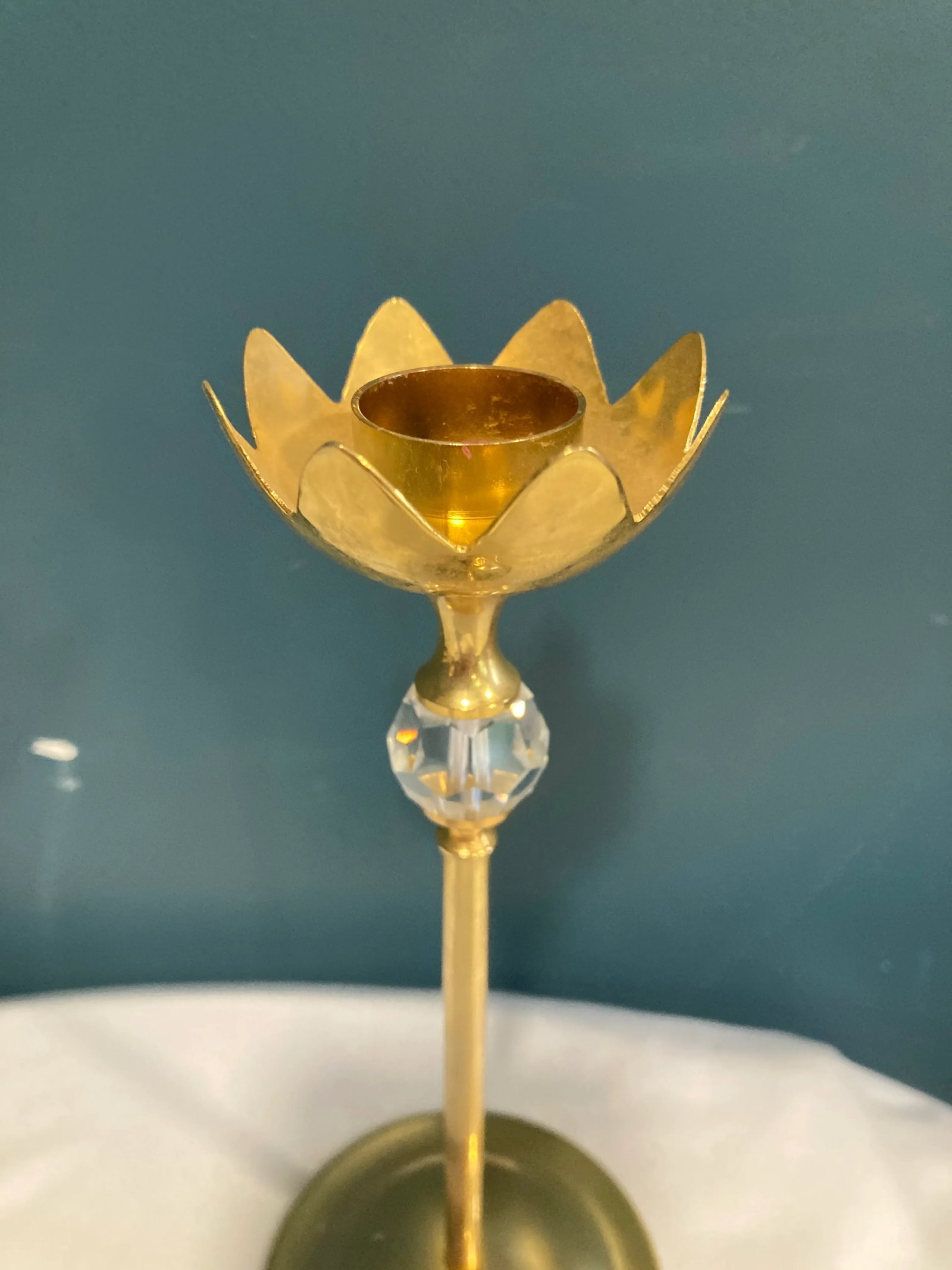 Vintage Brass Tulip Shaped Candle Holder With Crystal Accent - 2