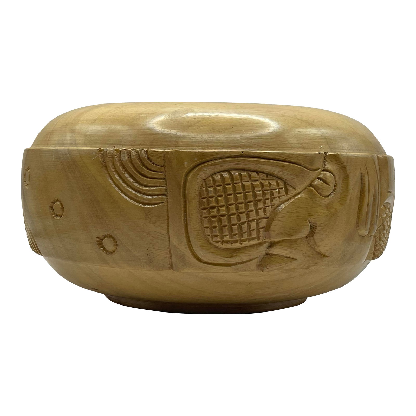 Mid 20th Century Carved Wooden Decorative Bowl: A blonde wood bowl with a border of abstract patterns and faces on a polished surface. Ships within 1-2 days using USPS. All items packed with care. Please contact us with any questions. Arrives