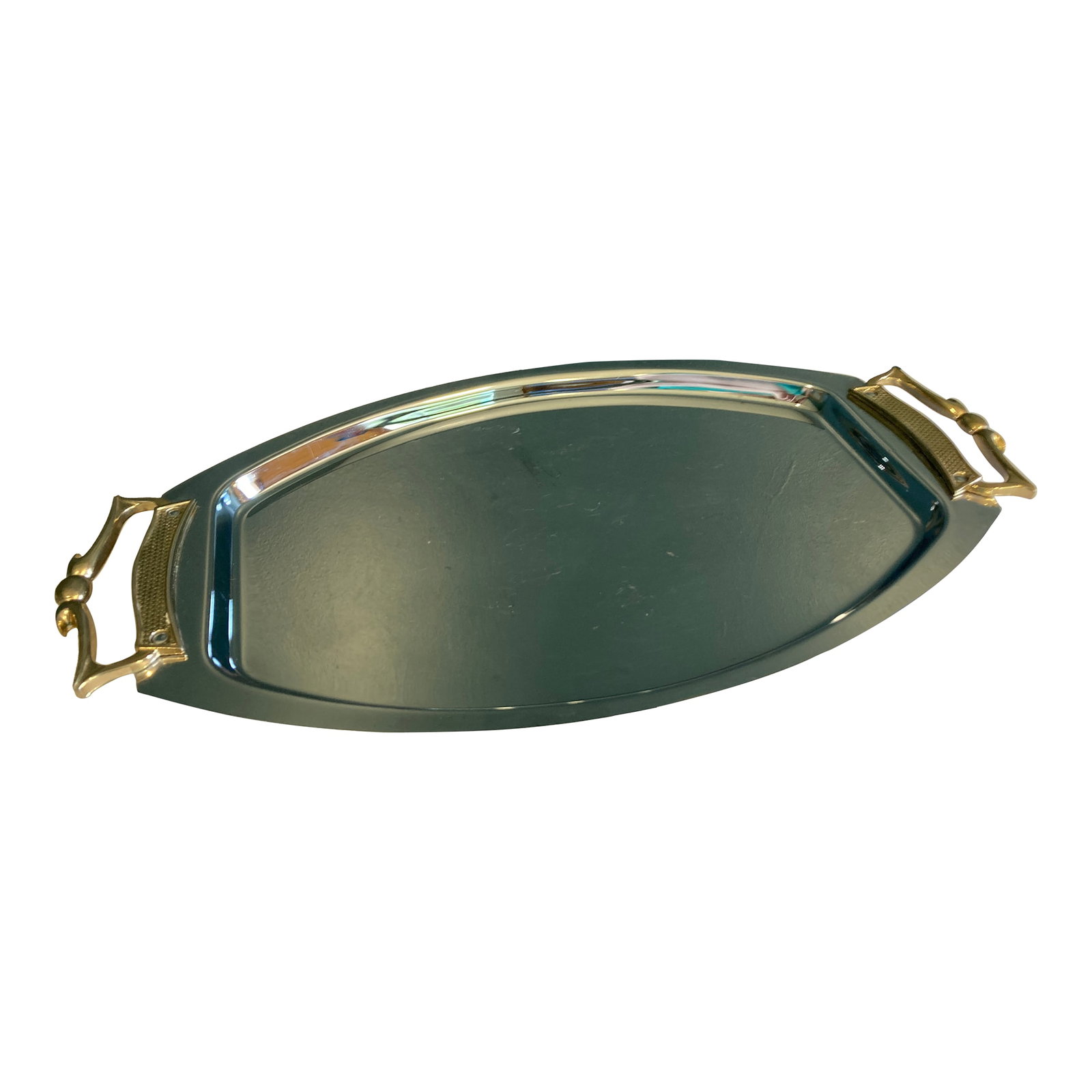 Mid 20th Century Kromex Chrome Tray With Brass Handles: This vintage Kromex tray exudes classic Mid-Century Modern charm with its polished chrome finish and sculptural brass handles. Its sleek design makes it ideal for serving cocktails, styling on a bar