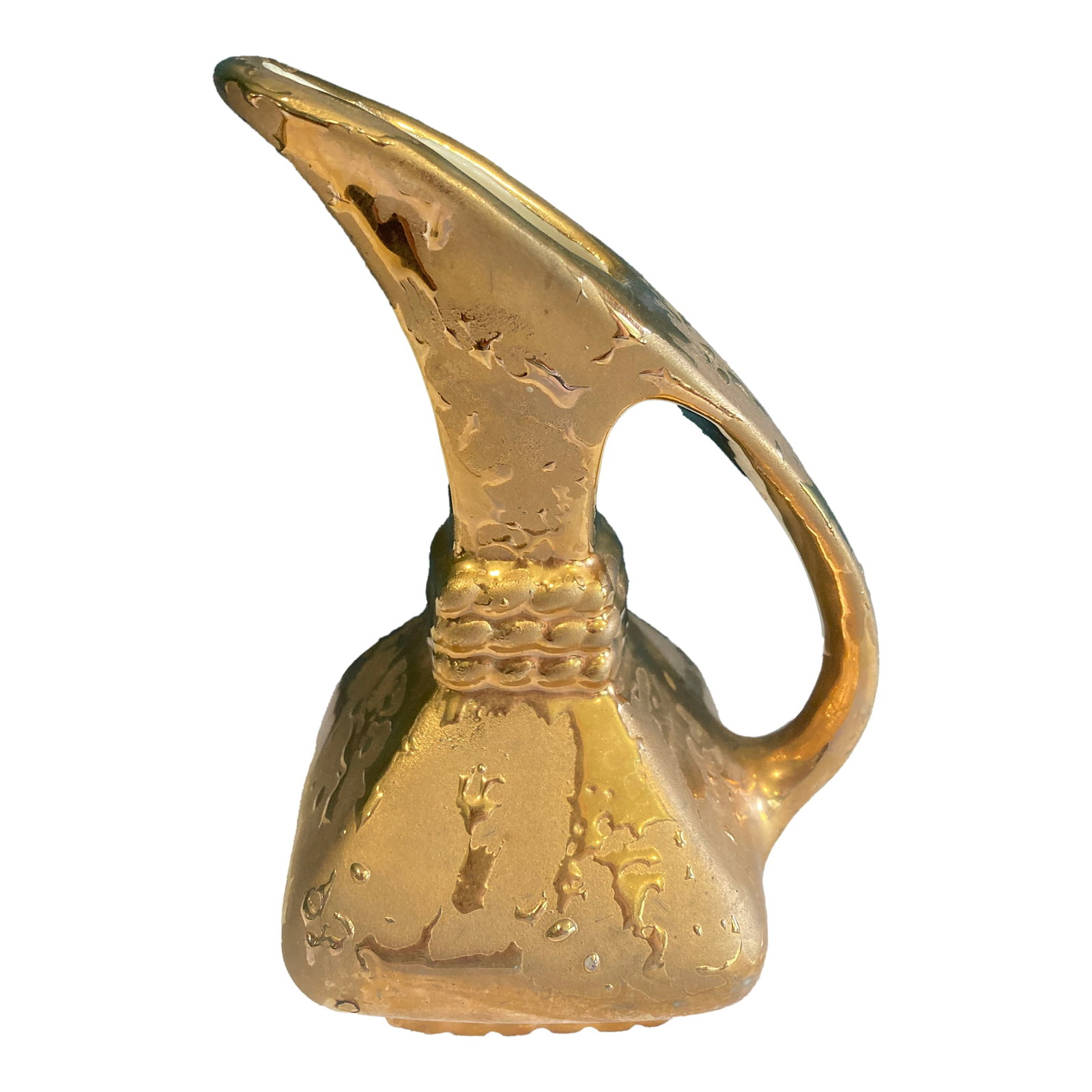 Vintage Sculptural Gold Ceramic Pitcher - Modernist Decorative Vase: This vintage gold ceramic pitcher is a stunning sculptural piece with an abstract, modernist silhouette. Its angular design and textured surface evoke mid-century and glam aesthetics, while the