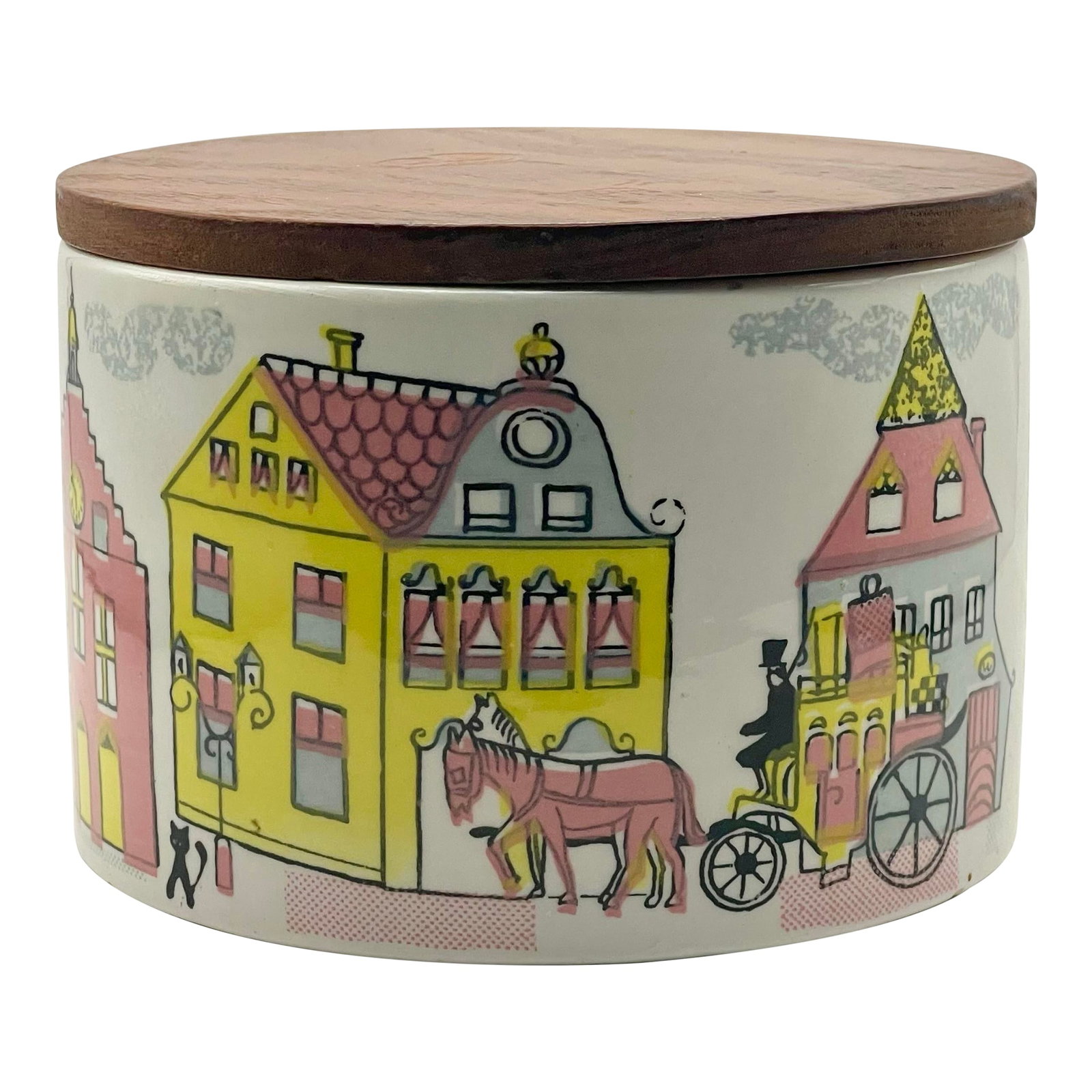 1970s Pastel Scenic Linework Ceramic Box: A vintage ceramic container with a wooden lid featuring a charming old fashioned street scene in pink, yellow, slate blue and white showing townhouses, coaches, pets and people. Ships within 1-2 days 