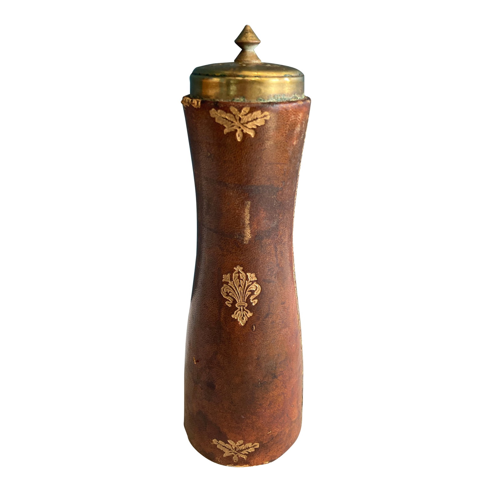 Vintage Embossed Leather and Brass Salt Shaker: Beautiful gold embossed leather salt shaker. It has a resin insert and brass lid. Functional as well as beautiful. Condition: Alterations: Original Condition Unaltered Imperfections: Some Imperfection