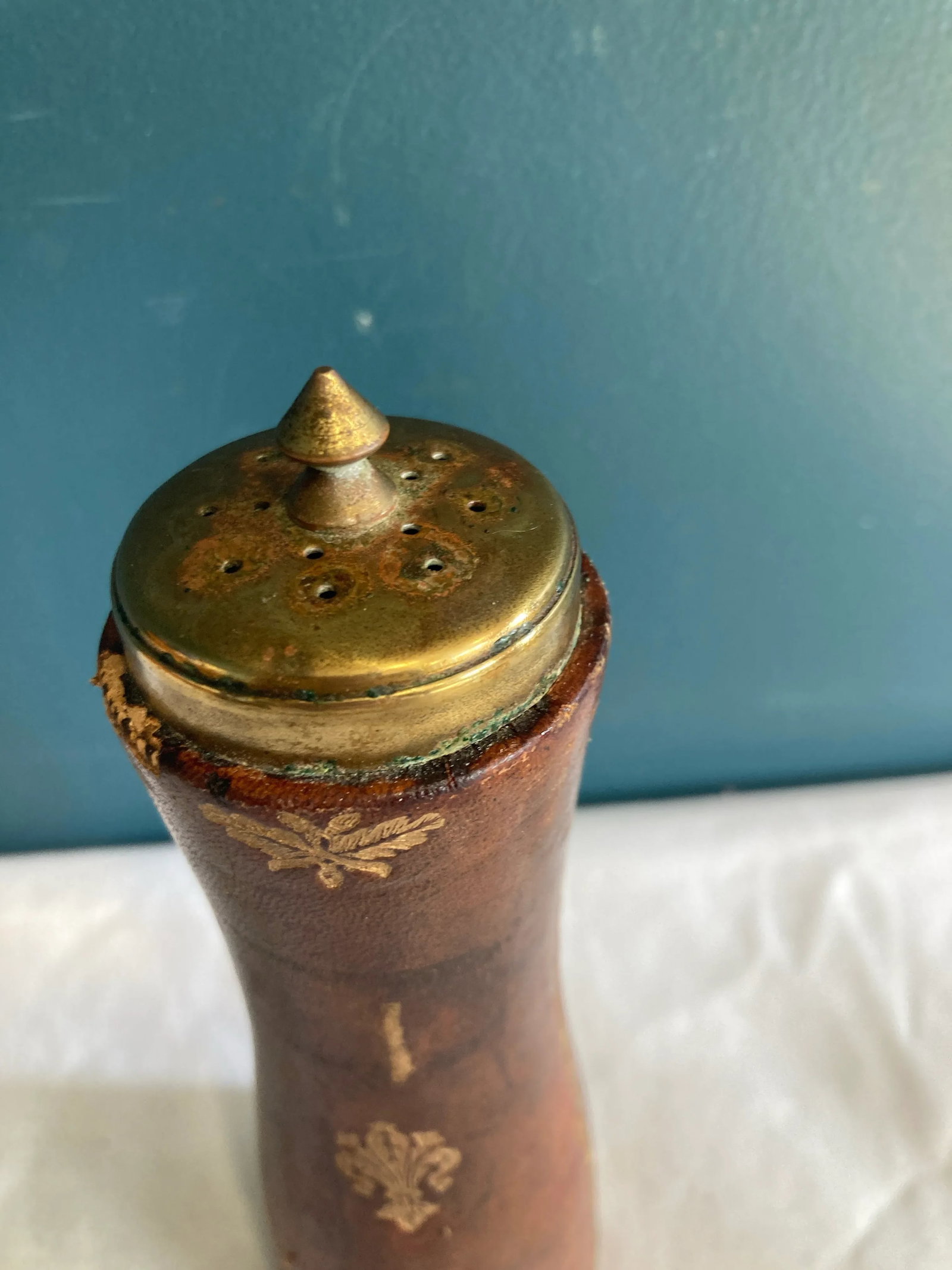 Vintage Embossed Leather and Brass Salt Shaker - 2