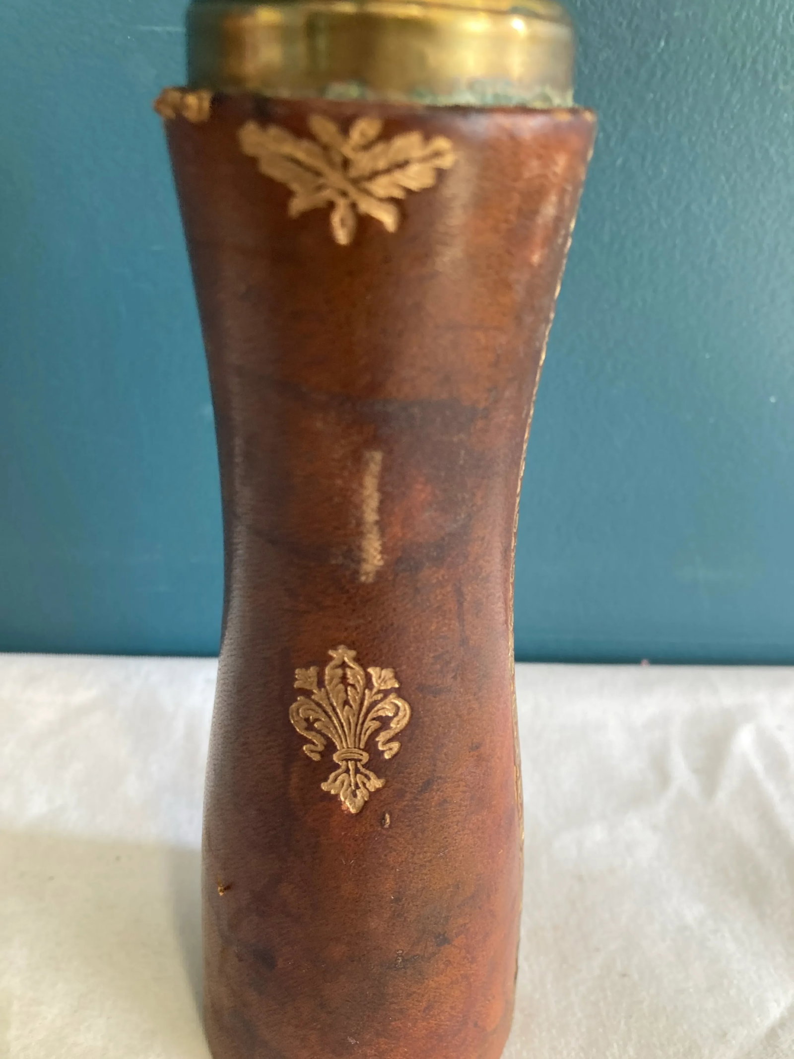 Vintage Embossed Leather and Brass Salt Shaker - 3