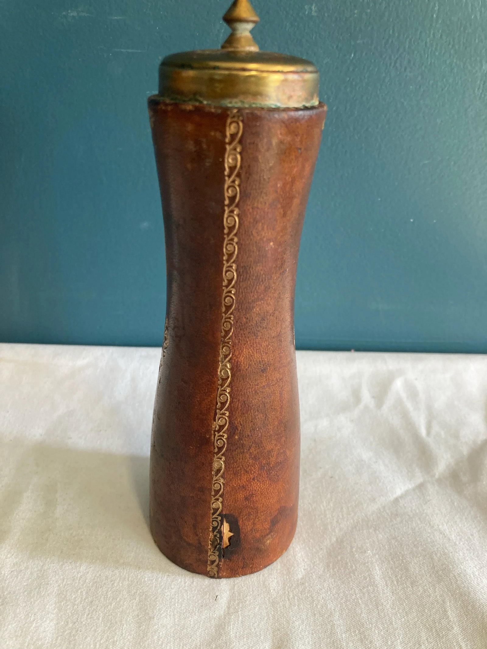 Vintage Embossed Leather and Brass Salt Shaker - 4