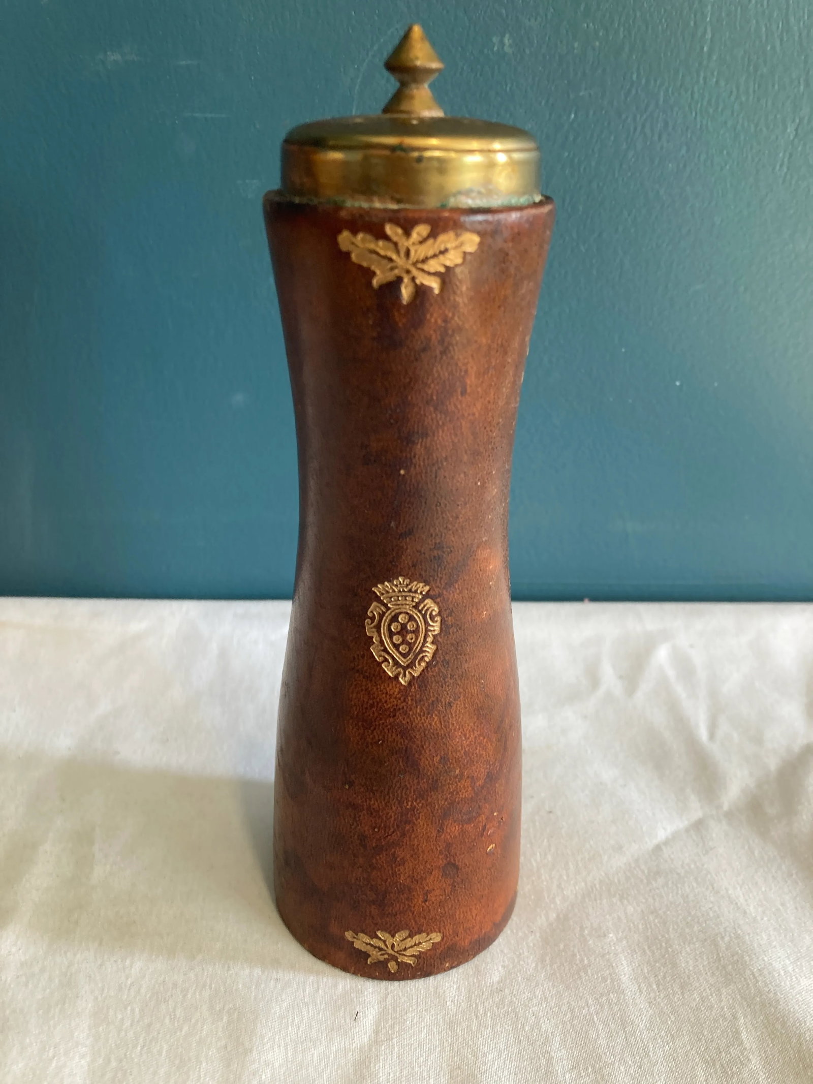 Vintage Embossed Leather and Brass Salt Shaker - 5