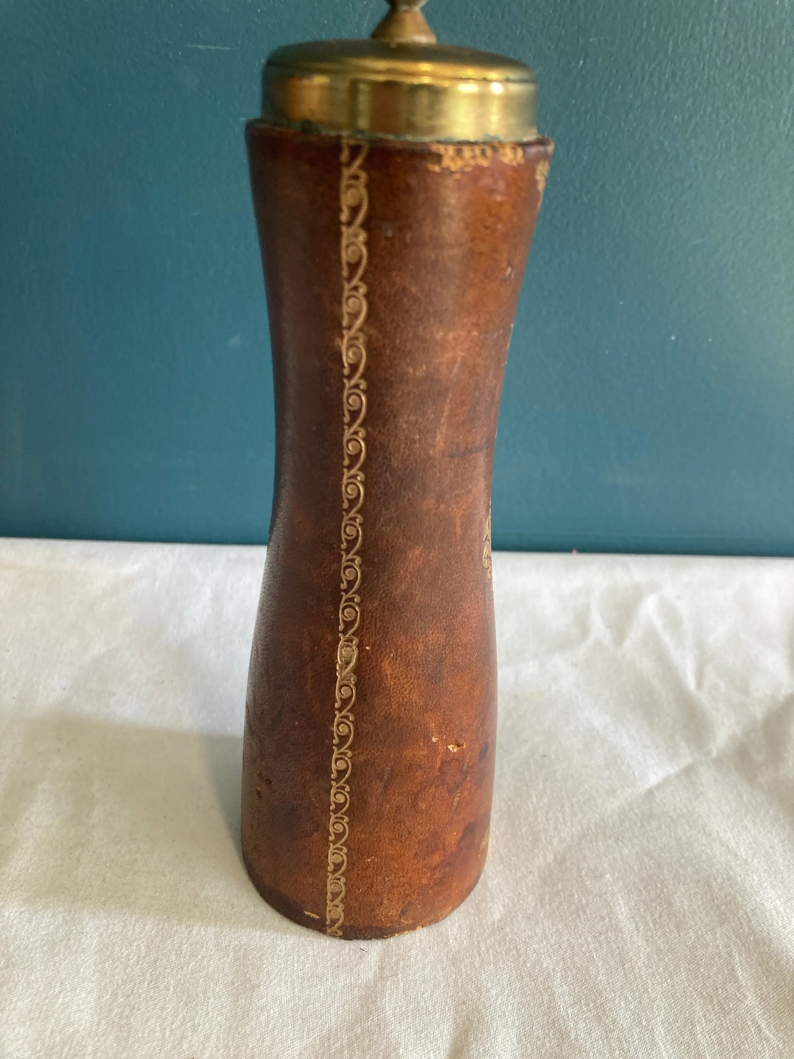 Vintage Embossed Leather and Brass Salt Shaker - 6