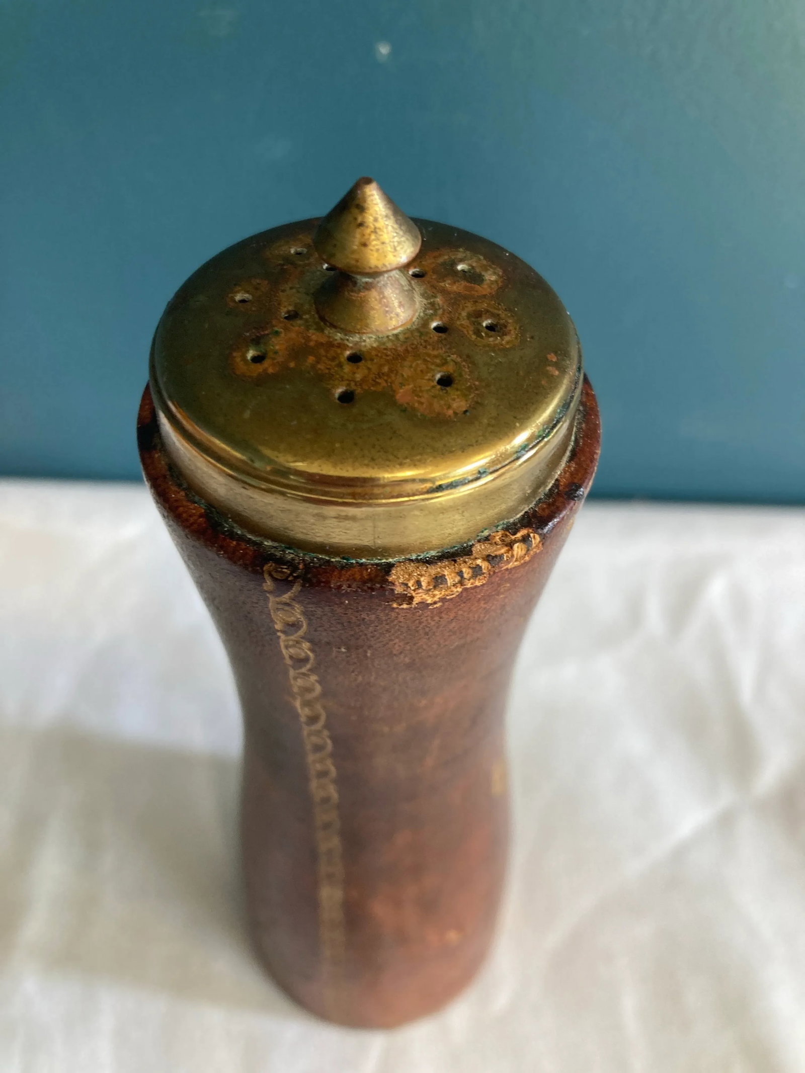 Vintage Embossed Leather and Brass Salt Shaker - 7