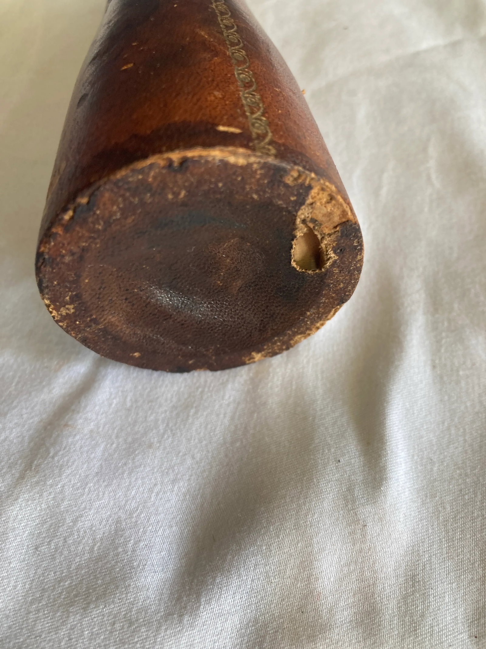 Vintage Embossed Leather and Brass Salt Shaker - 8