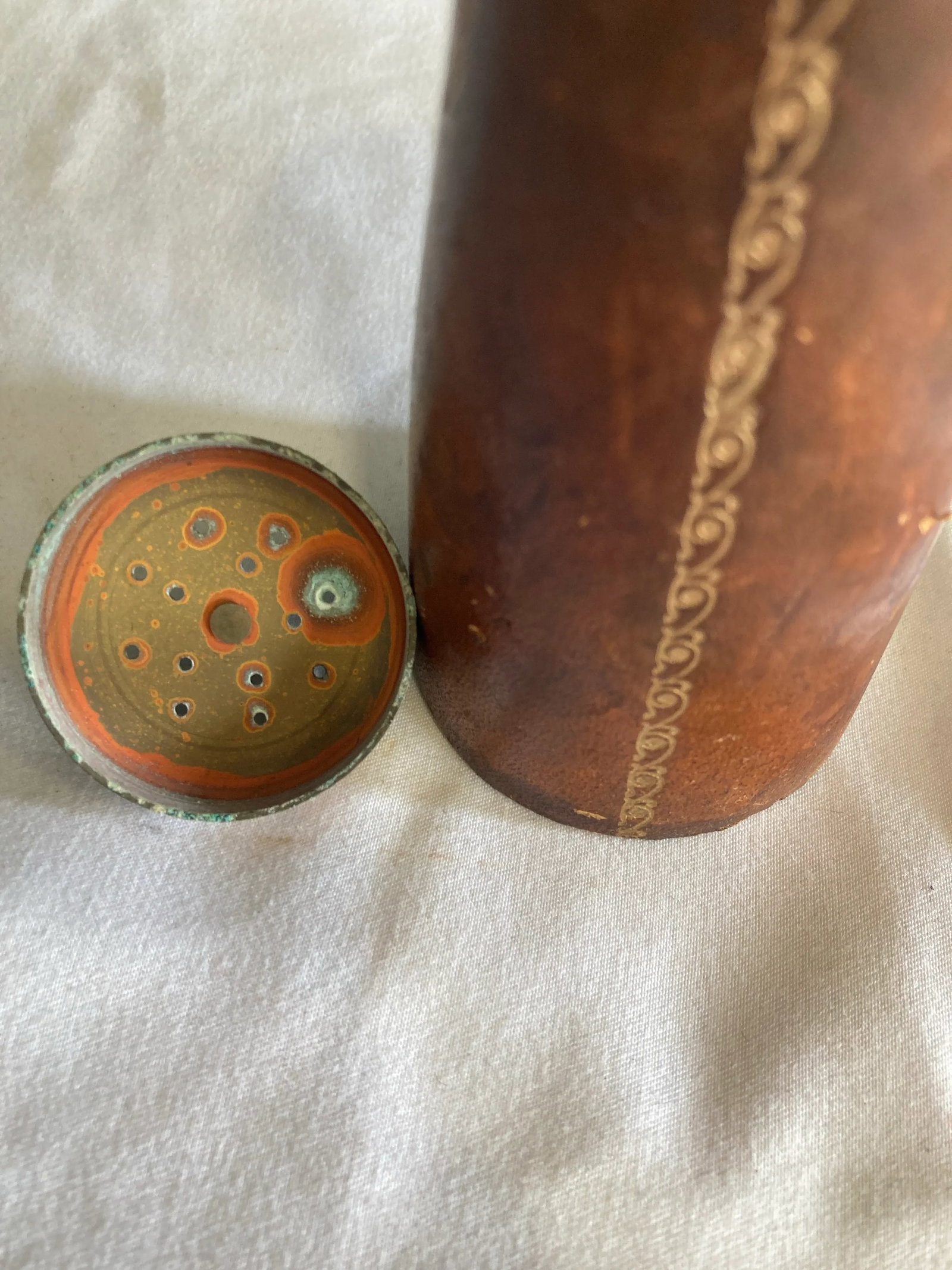 Vintage Embossed Leather and Brass Salt Shaker - 9