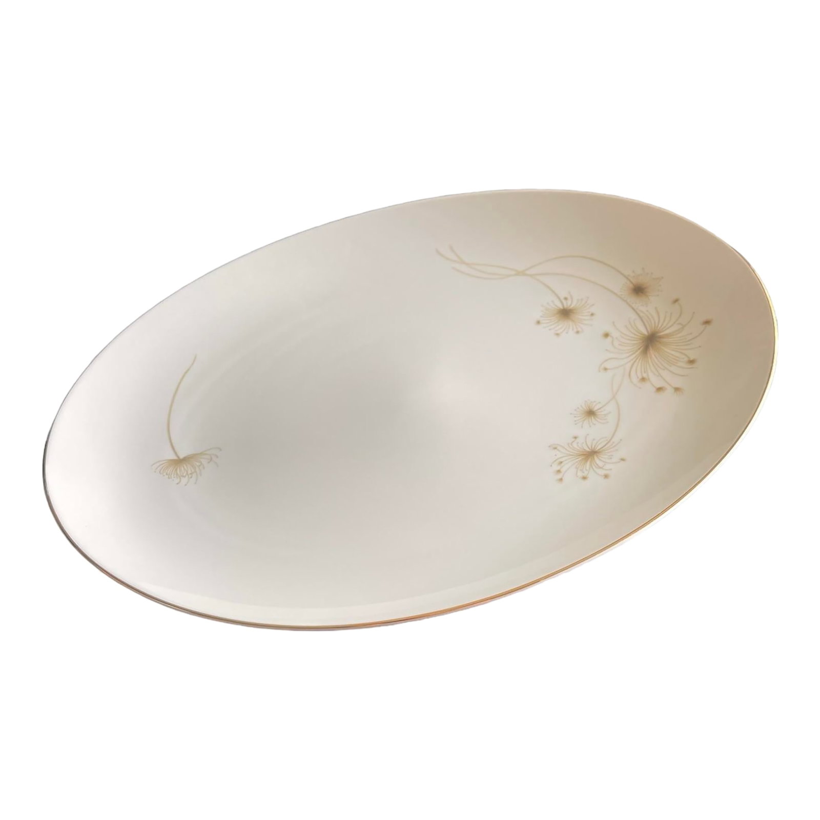 Mid-Century Mikasa Narumi Dandelion Gold Rim Serving Platter: Vintage Nurami Japanese Oval platter. Beautiful Dandelion motif. Gold rimmed. 16.5" wide 13" deep 1.5 high Condition: Alterations: Original Condition Unaltered Imperfections: Some Imperfections