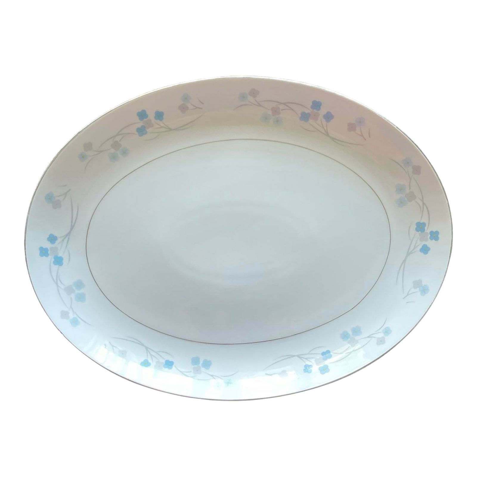 Vintage Rhea 9215 Japanese Fine China Oval Serving Platter: Vintage Rhea 9215 Japanese Fine China Oval Blue & Gray Floral, Platinum Trim Serving Platter. Condition: Alterations: Original Condition Unaltered Imperfections: Some Imperfections Condition Notes: