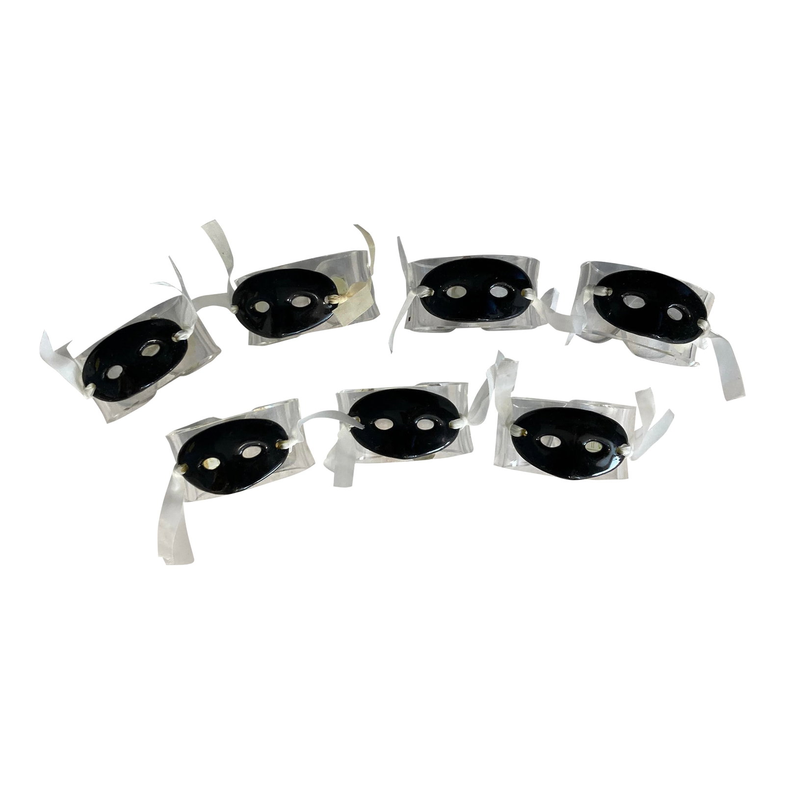 Vintage Shafford China Black Masquerade Mask Napkin Rings- Set of 7: These unique napkin rings are made of ceramic and resin. Made by Shafford China. Condition: Alterations: Original Condition Unaltered Imperfections: Some Imperfections Condition Notes: ribbons are ben