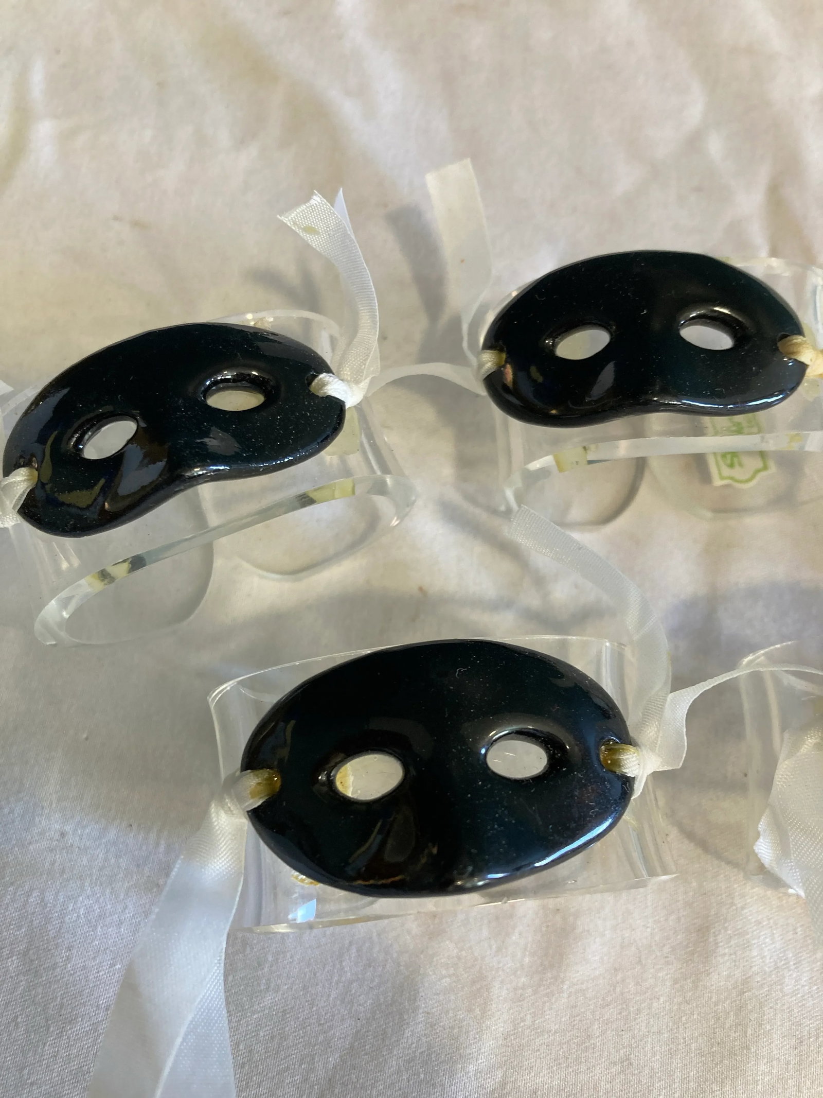 Vintage Shafford China Black Masquerade Mask Napkin Rings- Set of 7 - 6