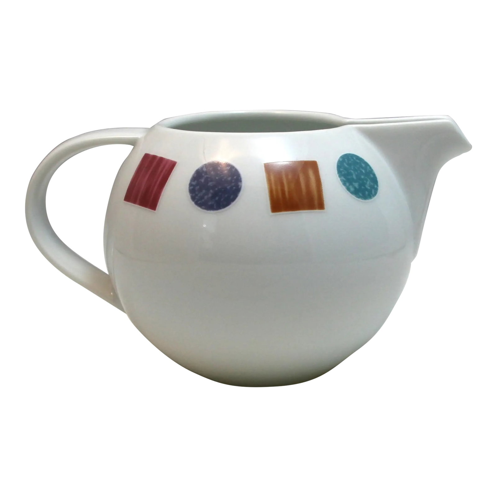 1980s Vintage Christopher Stuart Modernist Creamer Color Lane Pattern Y0114: Vintage Christopher Stuart Creamer Produced during the 1980s This vintage round creamer is from the Color Lane Pattern. It has a white round, slightly spherical body and an angled spout. At the top