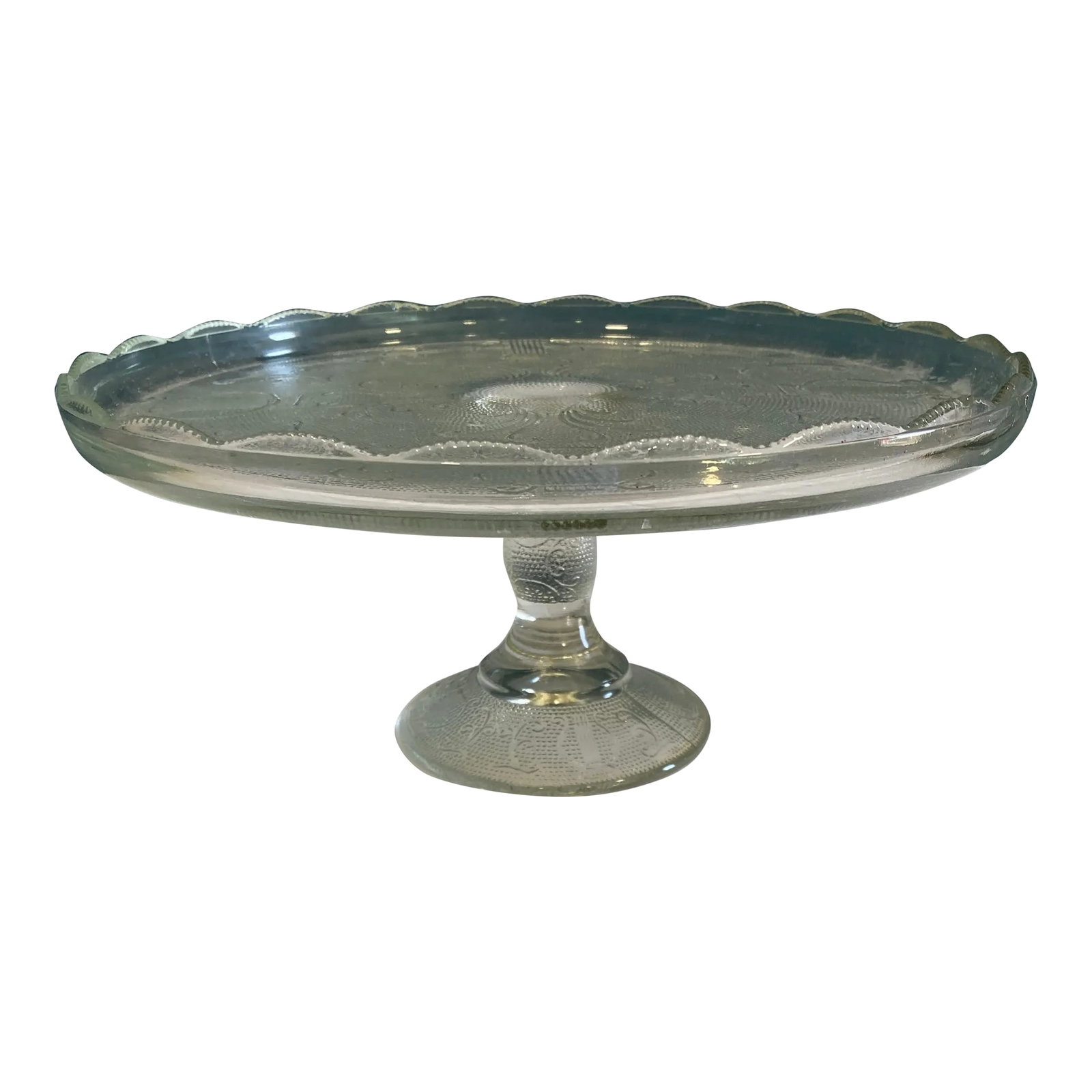 Vintage Pressed Glass Pedestal Cake Stand With Harps: This beautiful pedestal cake stand has a lovely fluted edge. It has pressed glass harps or lyres with scrolls. A truly lovely and unique stand. Condition: Alterations: Original Condition Unaltered Imp