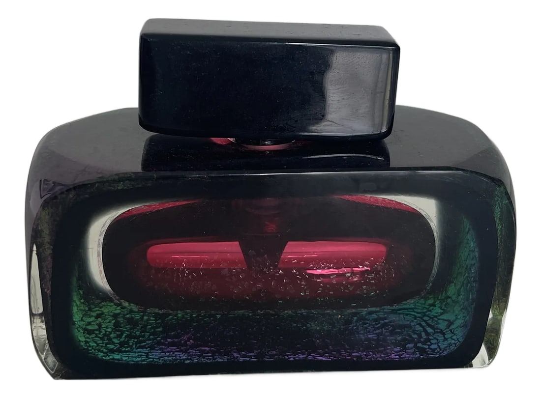 Decorative Perfume Bottle: Decorative perfume bottle out of hand blown class with metallic accents. Shades of magenta and blue. Condition: Imperfections: No Imperfections Condition Notes: From our inventory. Origin: Denmark Ma