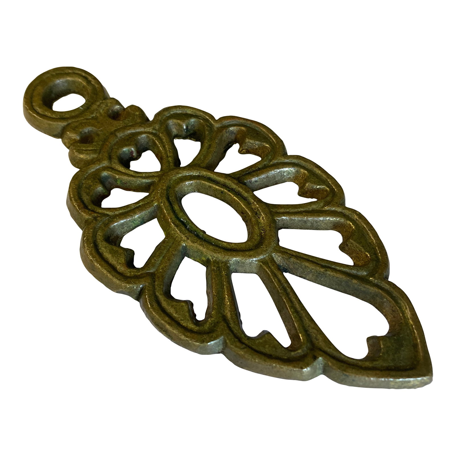 Midcentury Solid Brass Trivet: This vintage cast iron trivet features a beautifully detailed floral scroll design, perfect for display or practical use in the kitchen. Aged with a lovely patina, it brings antique charm to rustic