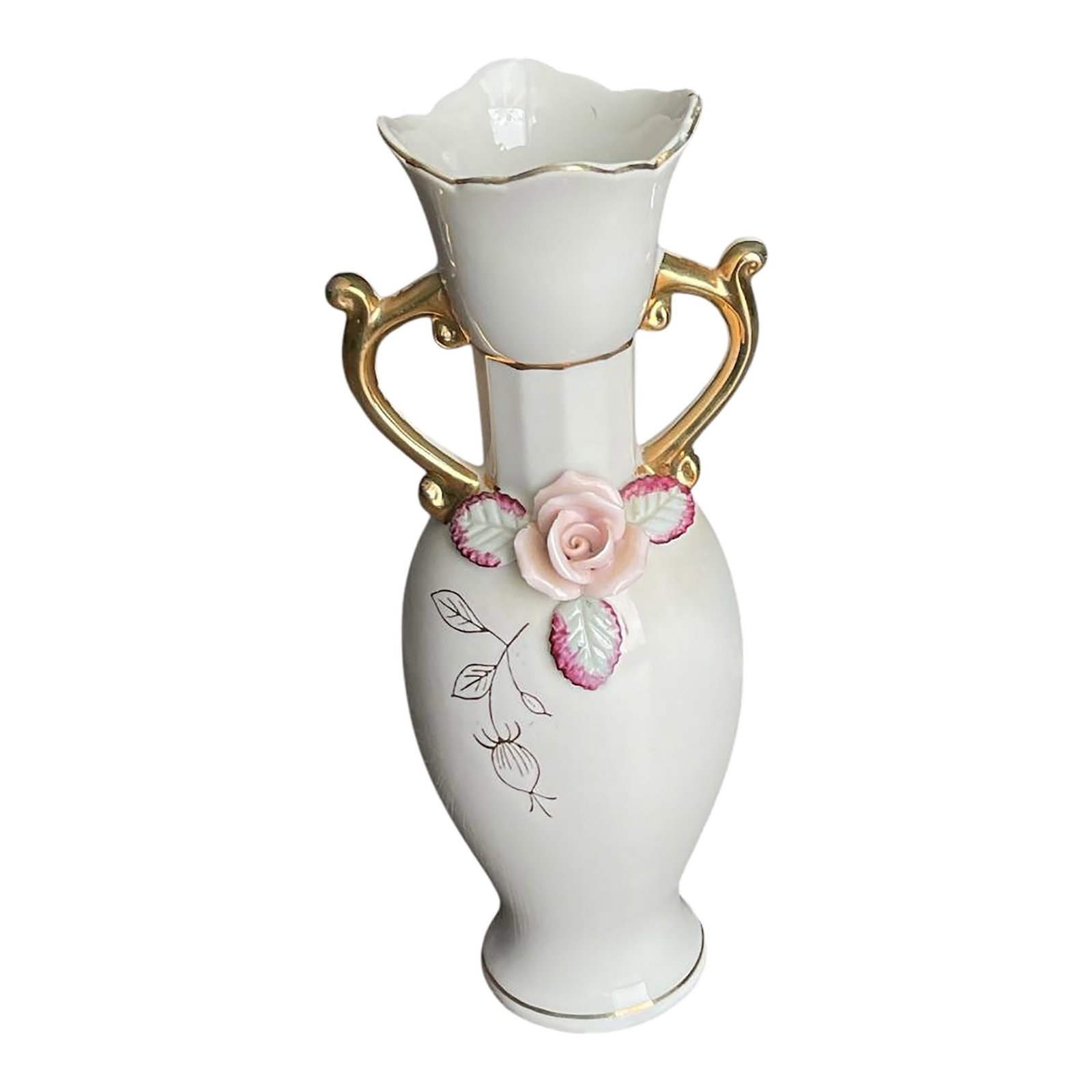 Vintage Ceramic Japanese Bud Vase With Applied Pink Roses,Leaves, and Gilt Handles: This vintage Ucagco ceramic vase from Japan features beautiful applied pink roses and leaves, with gilt handles that add a touch of elegance to the piece. The vase is handmade and has not been