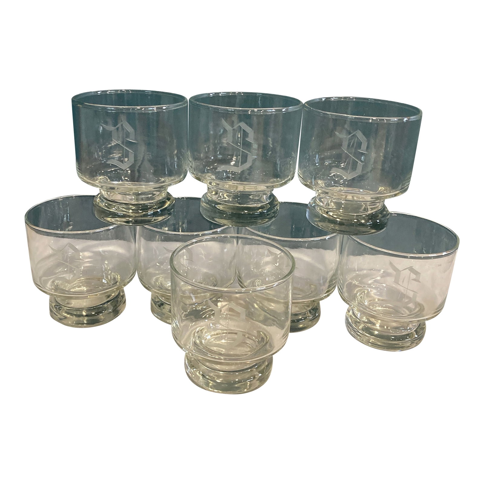 Vintage "S" Etched Double Old Fashioned Glasses- Set of 8: A nice set of 8 double old fashioned lowball glasses etched with an "S." They have nice footed bottoms and are in excellent condition. Condition: Alterations: Original Condition Unaltered