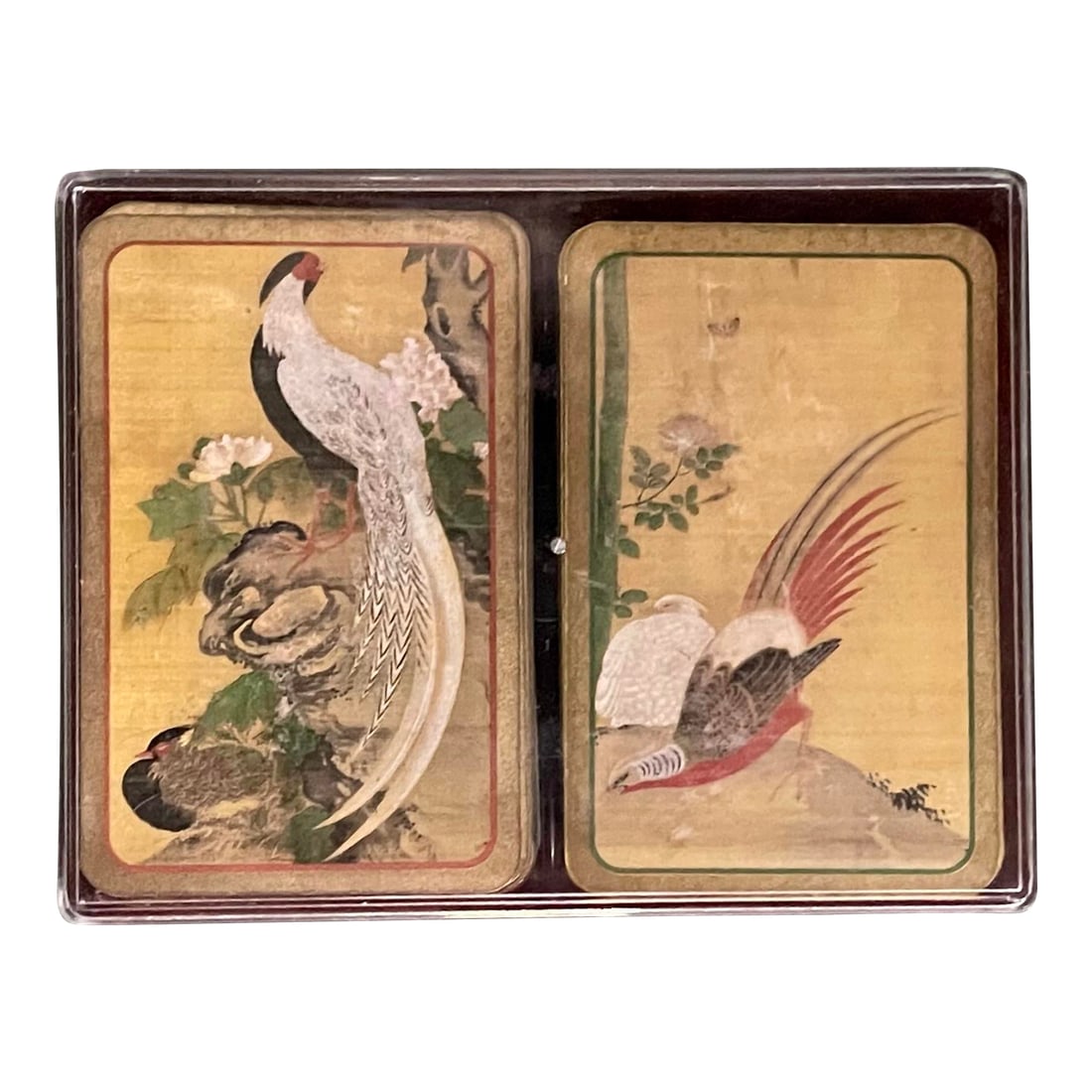 Vintage Golden Bird Playing Cards: An interesting pair of playing card decks featuring stylized pheasants on a golden crosshatch background based on traditional Asian paper dividing screens. Ships within 1-2 days using USPS. All items