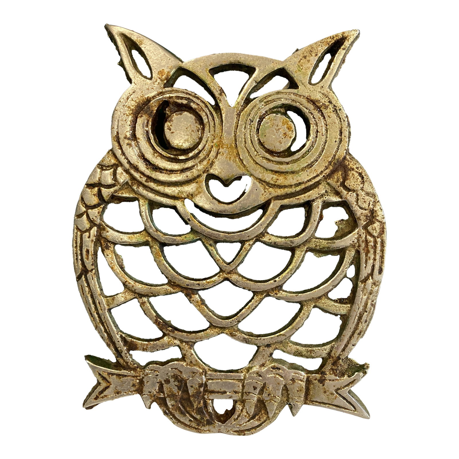 Vintage Brass Owl Trivet: Cute mid-century brass trivet in the shape of an owl with feet. Condition: Alterations: Original Condition Unaltered Imperfections: Some Imperfections Condition Notes: Rust and oxidation to the brass
