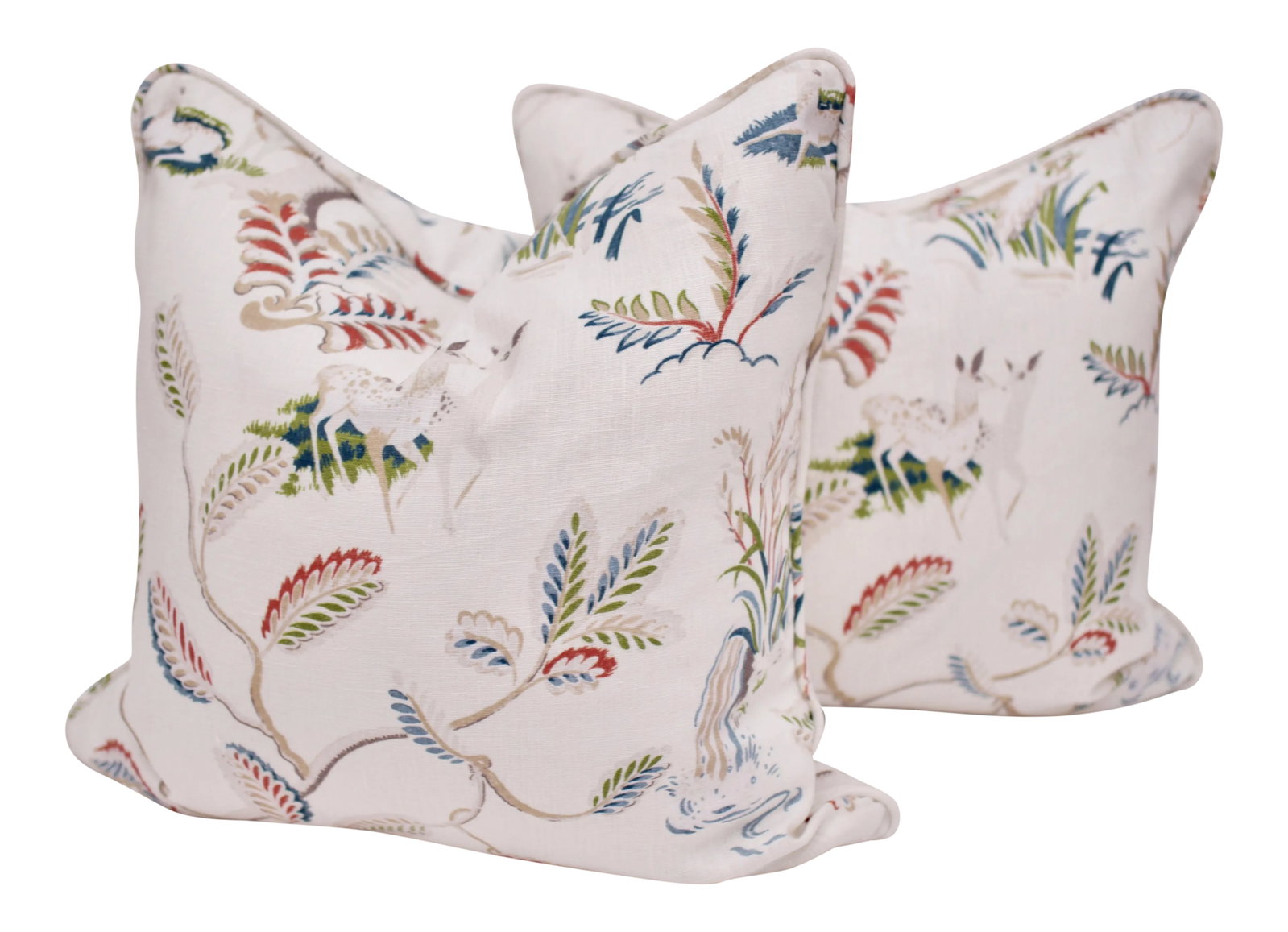 Borderline Square Double Sided" Richmond" Pillows on White Linen- a Pair: Beautifully handmade pair of 20" square pillows in Borderline's "Richmond" print on white linen. Features a self welt, down/feather inserts, and an invisible zipper closure. Condition: Imperfections: 
