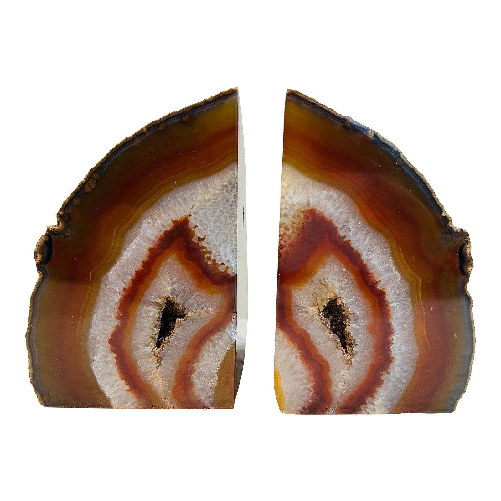 Dark Amber, Brown and Crystal Geode Bookends: Beautiful dark amber and brown color geode bookends. White crystal is layered with the beautiful amber and brown color. Nice medium size. Condition: Alterations: Original Condition Unaltered