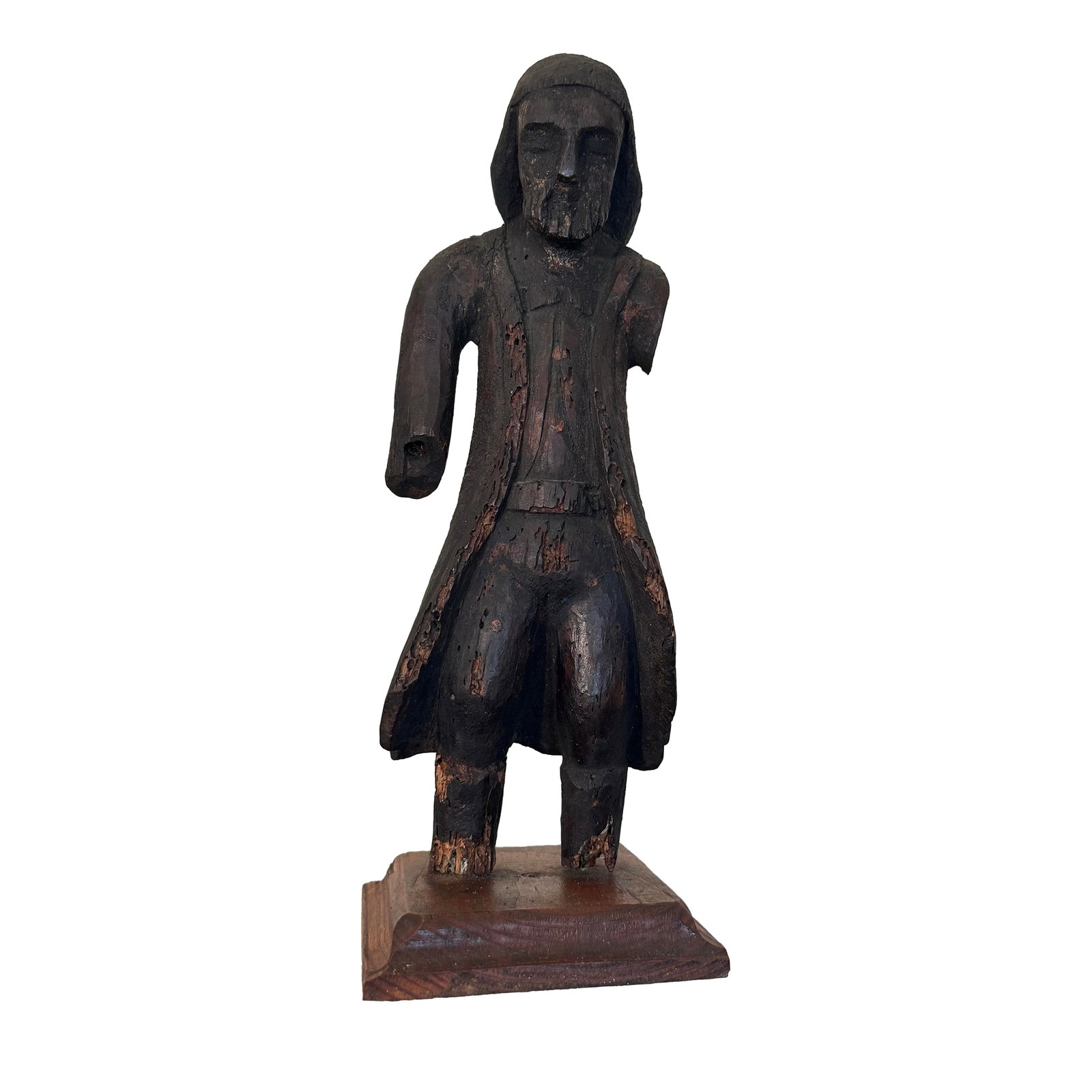 Antique Spanish Revival Santos Religious Relic Solid Wood Tabletop Figure: Antique Spanish Revival Mission Style Santos, (Santos is "saint" in Spanish/Portuguese), which is hand carved wood with dark walnut brown stain. The religious figure, is shrouded in a monk-like tradit