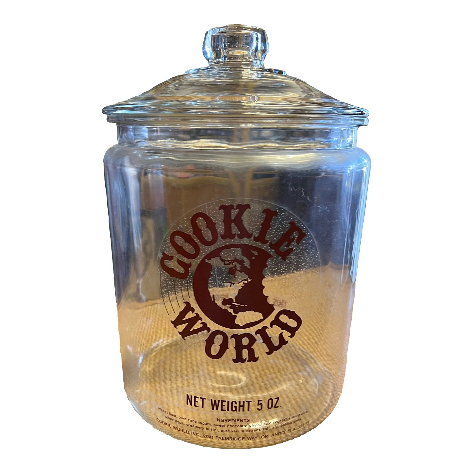 Vintage "Cookie World" Advertising Counter Snack Glass Jar With Lid: Vintage Glass Cookie Jar . Florida Advertising "Cookie World Orlando" Counter Snack Glass Cookie Jar & Glass Lid. Condition: Alterations: Original Condition Unaltered Imperfections: Some Imperfections