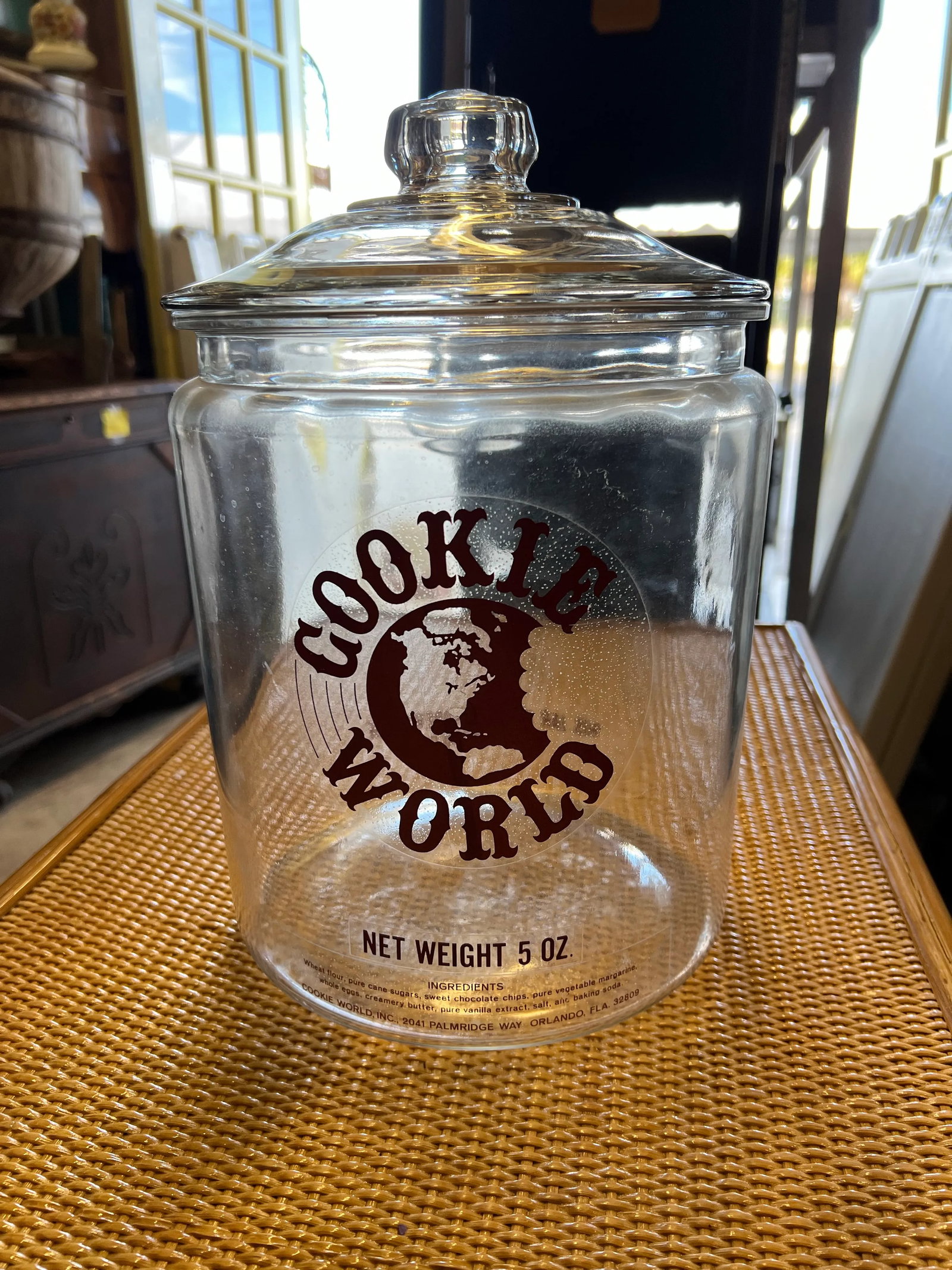 Vintage "Cookie World" Advertising Counter Snack Glass Jar With Lid - 6