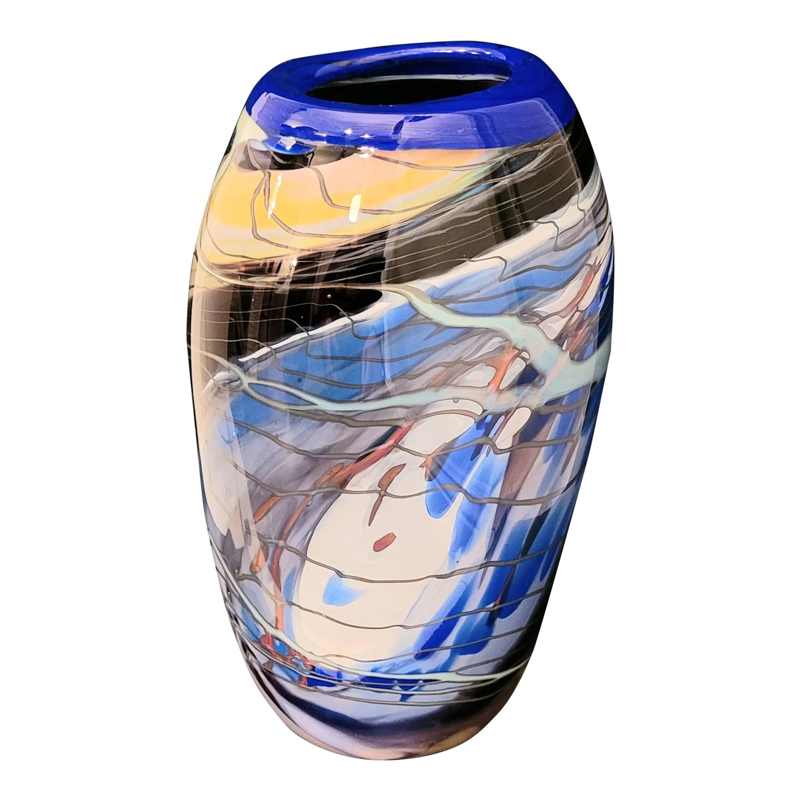 Signed Late 20th Century Hand Blown Art Glass Vase: Beautiful Signed Hand Blown Art Glass Vase. Will be a striking accent piece to any decor. Condition: Alterations: Original Condition Unaltered Imperfections: Some Imperfections Condition Notes: