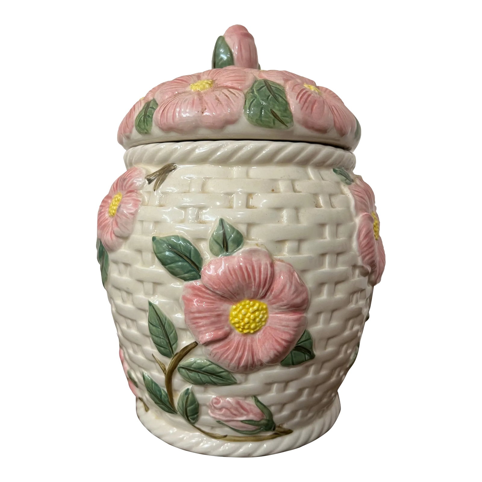 Late 20th Century Francisan Ware Desert Rose Basket Weave Canister: Francisan Ware Desert Rose 3D Basket Weave Cookie Jar Canister Hand painted Desert Rose pattern by Franciscan made in Thailand. Condition: Alterations: Original Condition Unaltered Imperfections: