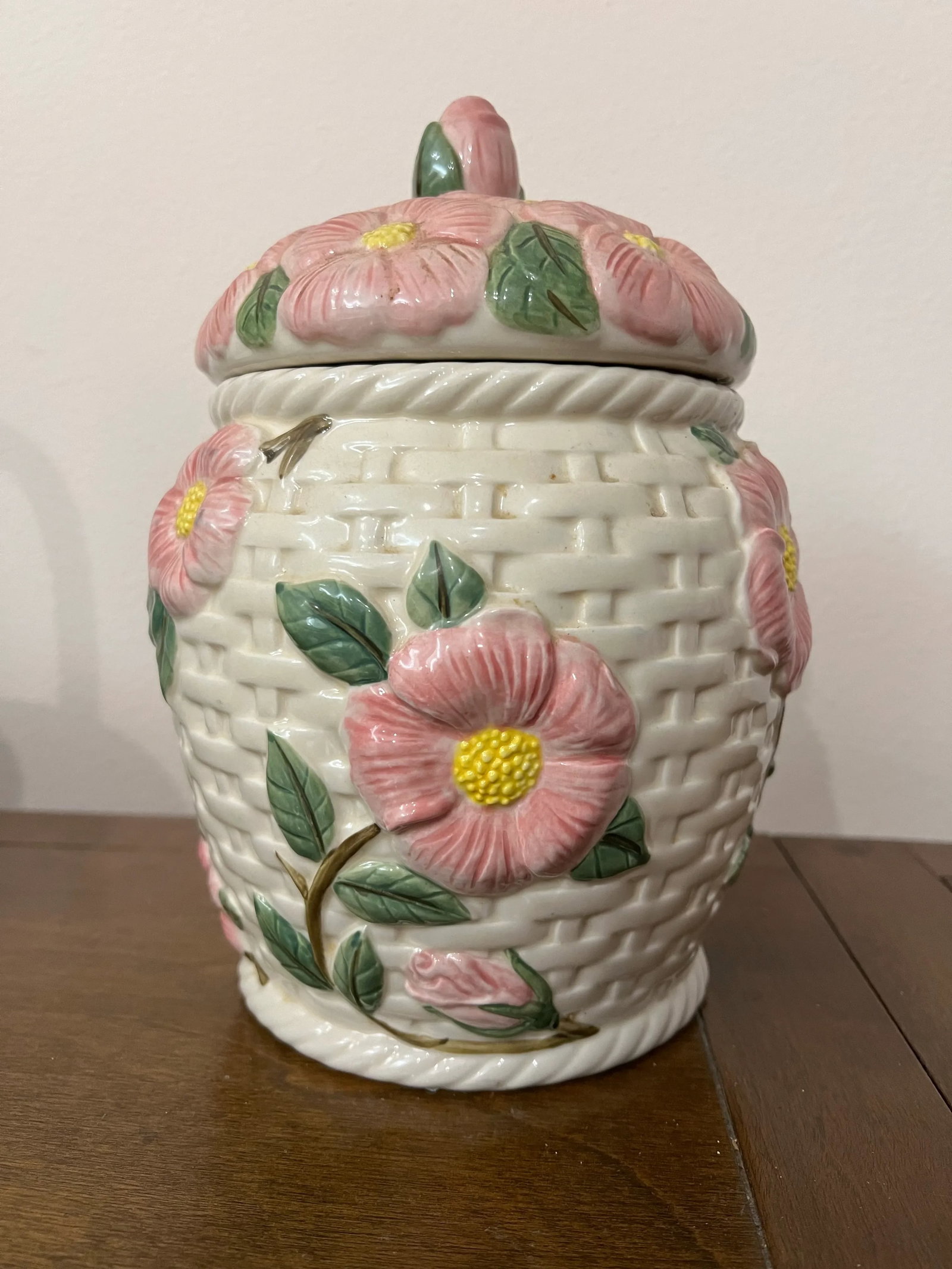 Late 20th Century Francisan Ware Desert Rose Basket Weave Canister - 3
