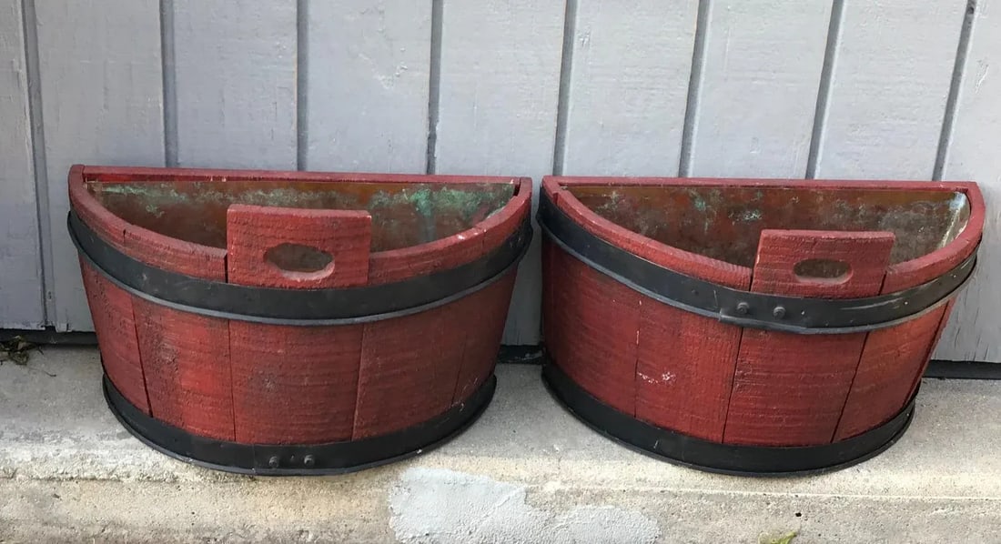 Half Barrel Wood Planters With Copper Lining - a Pair - 11