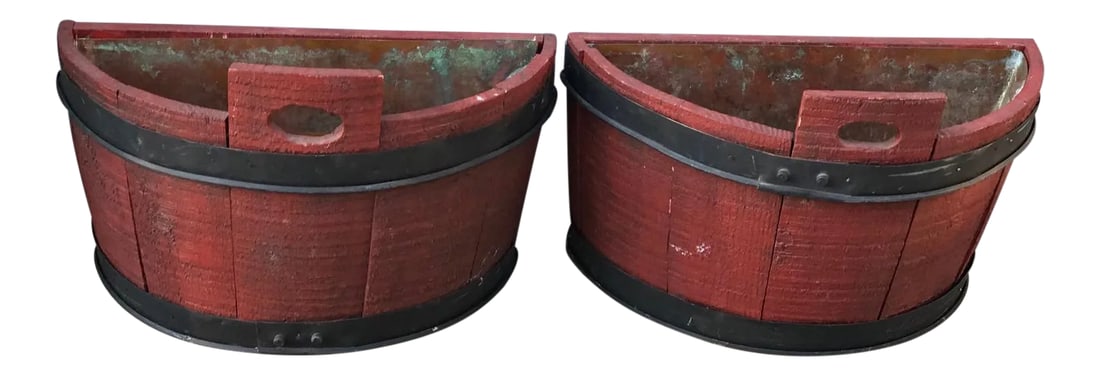 Half Barrel Wood Planters With Copper Lining - a Pair: This pair of planters is made of two halves of a wood barrel and fitted with copper liners. The black iron bands that held the wood parts in place are nice accents. Condition: Alterations: Restored Im