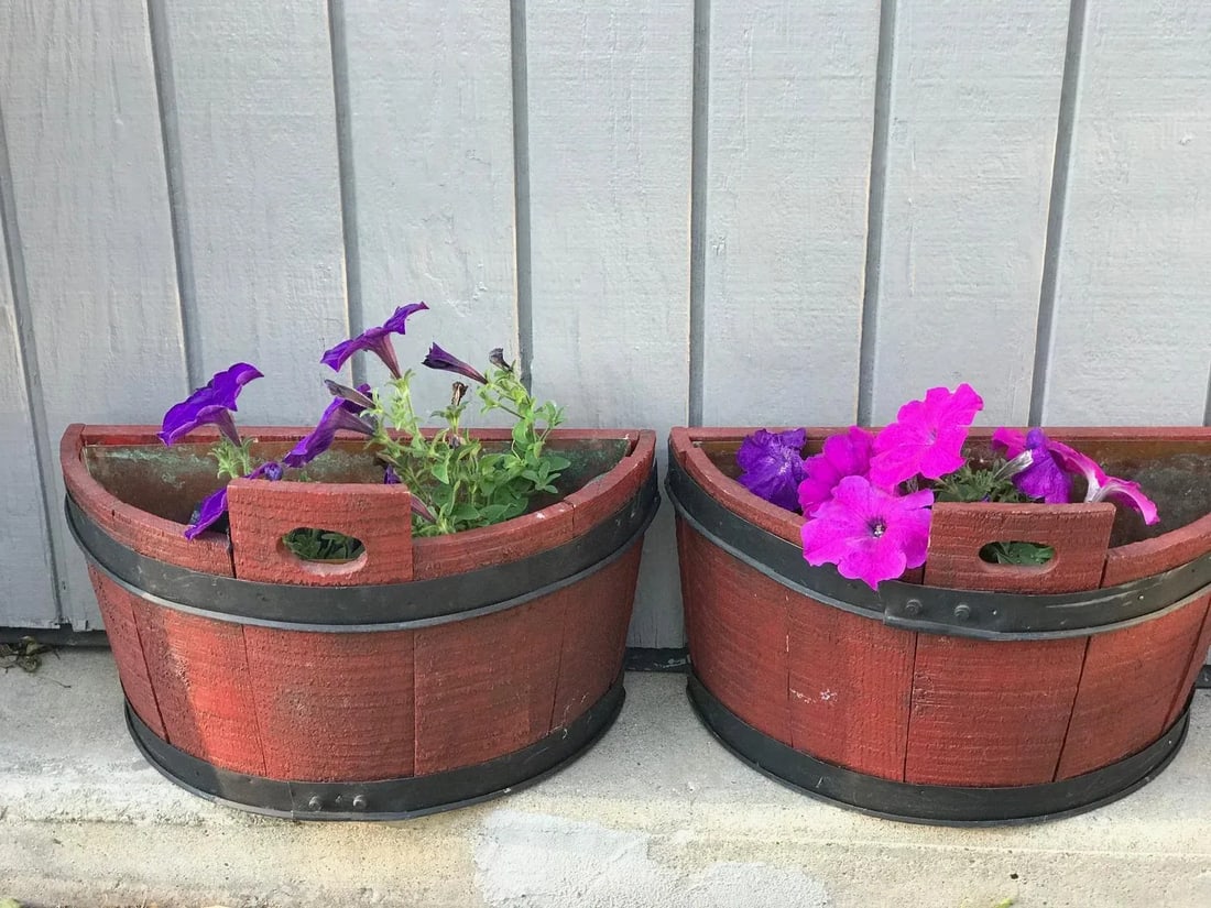 Half Barrel Wood Planters With Copper Lining - a Pair - 2