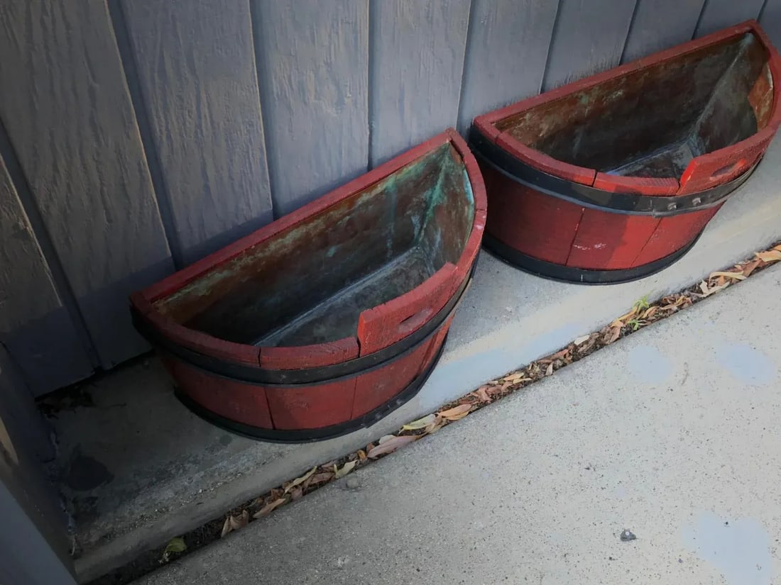 Half Barrel Wood Planters With Copper Lining - a Pair - 6